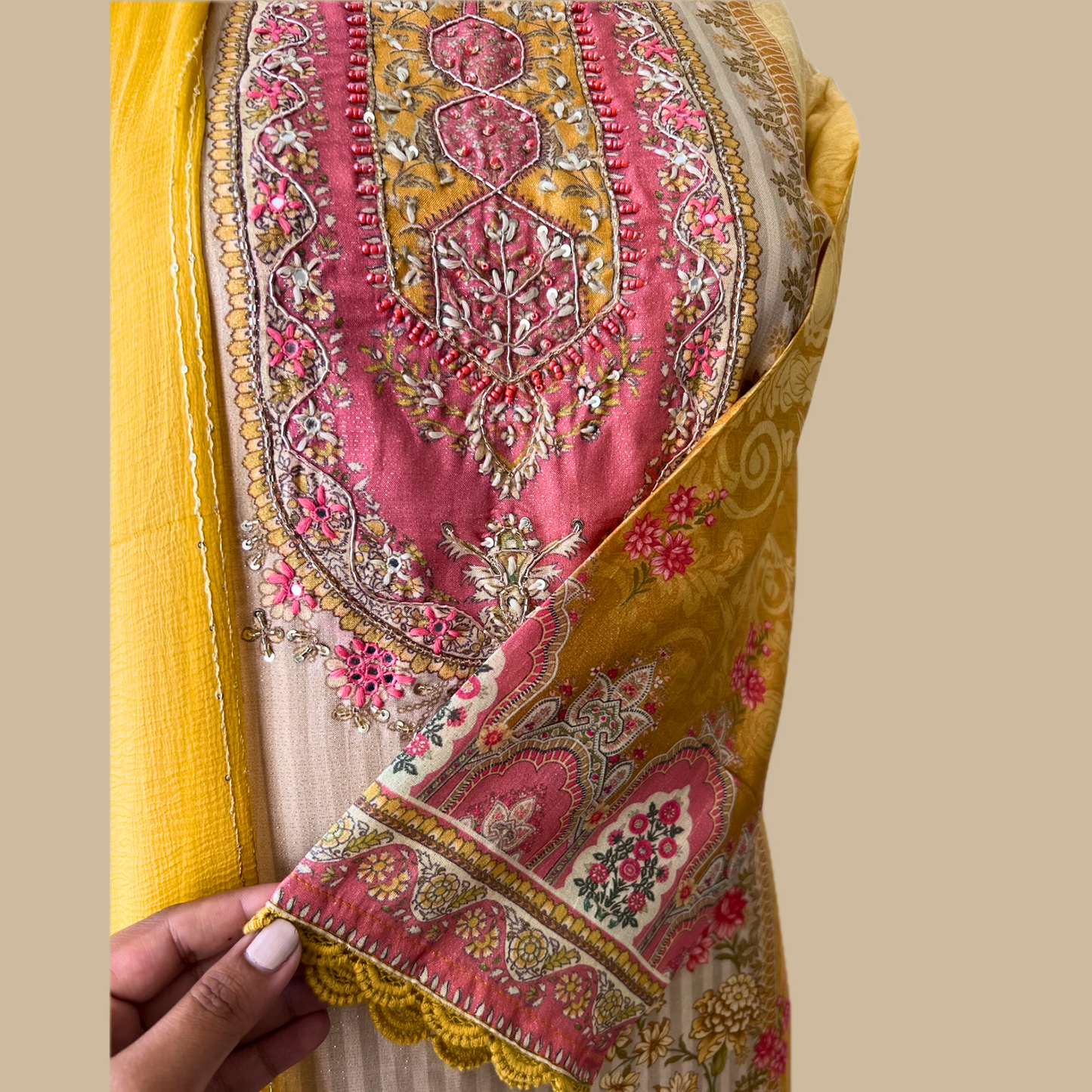 Yellow Chinon Silk 3-Piece Indian Suit with Sequins Dupatta