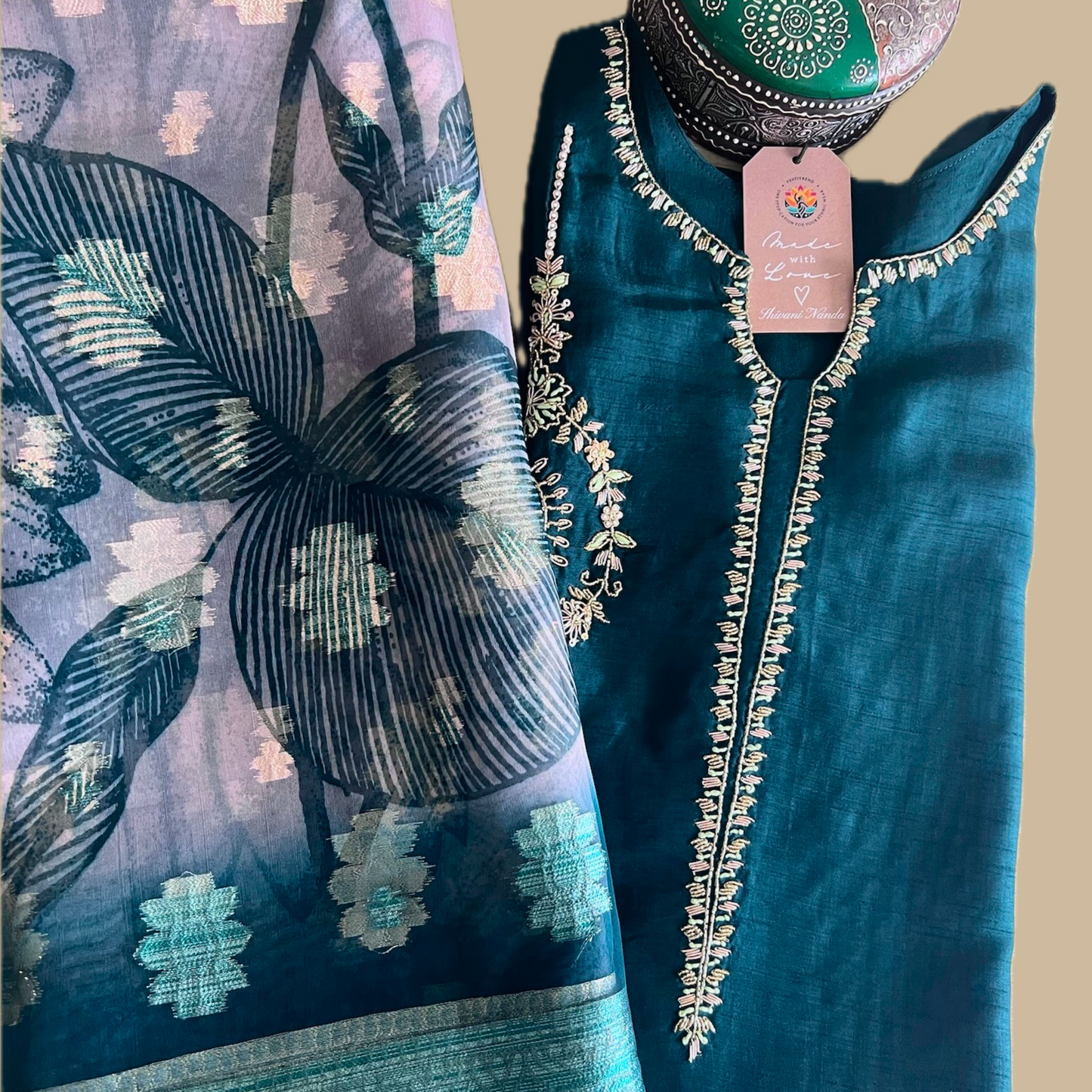 Silk Blend 3-Piece Suit in Green with Gold Tone Embroidery and Floral Tissue Dupatta
