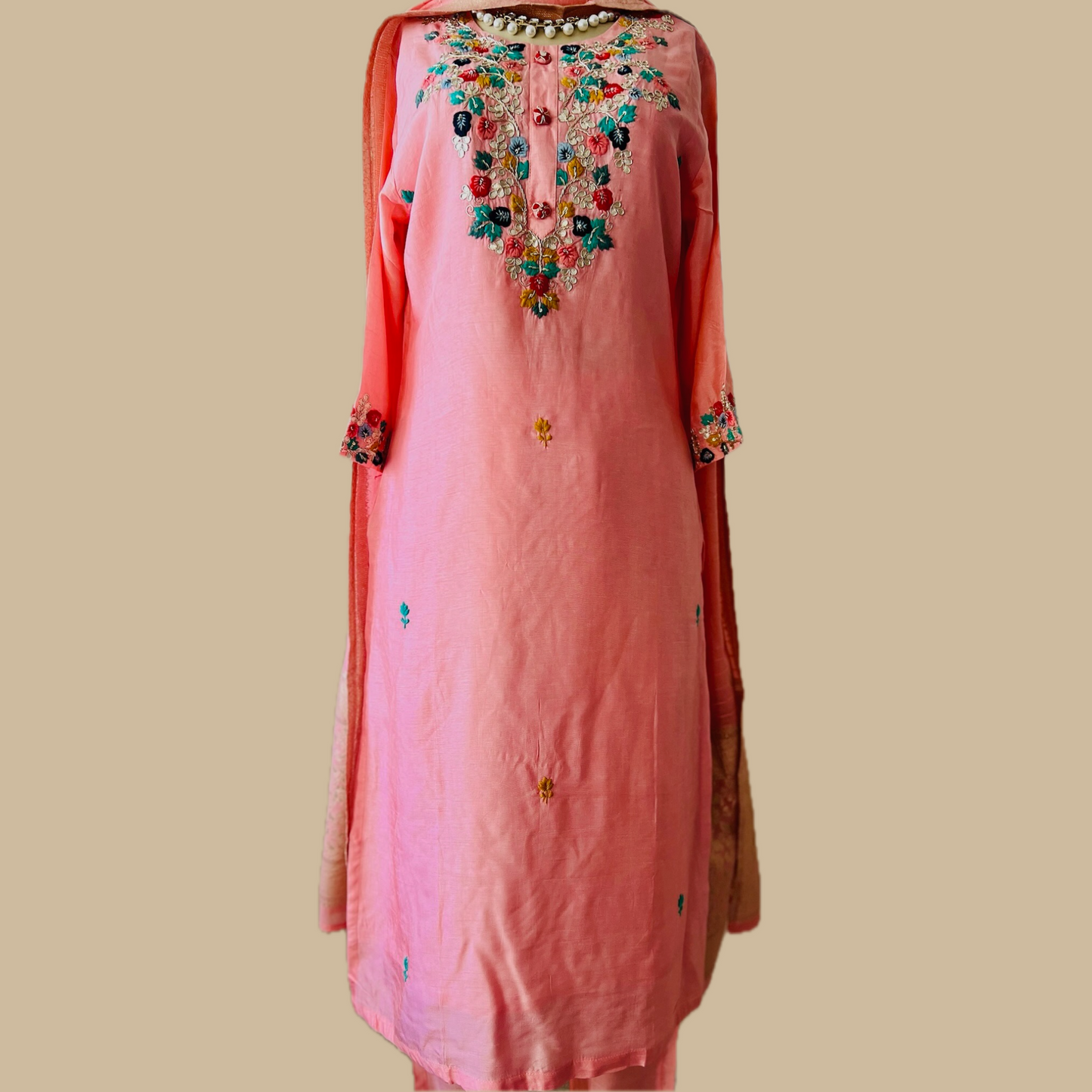 Elegant Silk Blend 3-Piece Suit in Peachish Pink with Brocade Dupatta