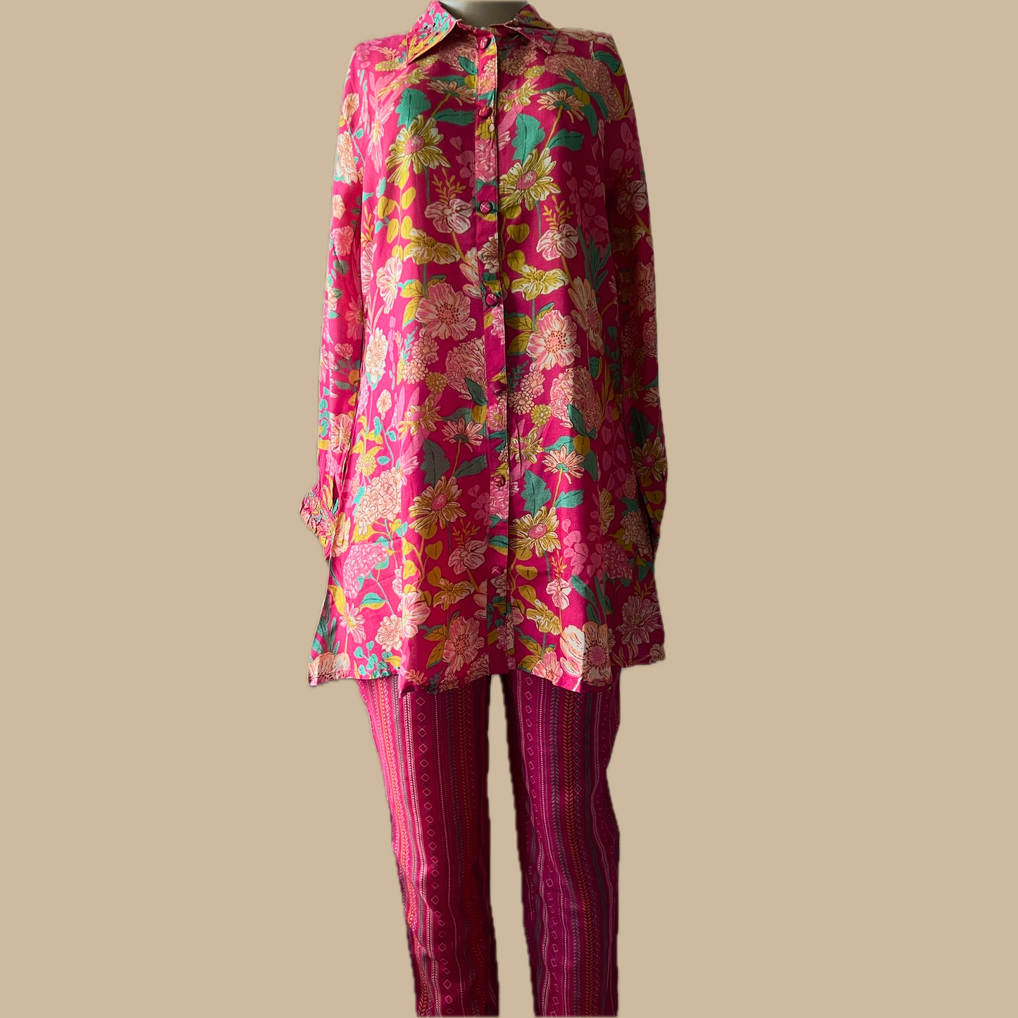 Floral Digital Printed Pink Buttoned Coord Set with Embroidered Sleeves and Printed Pants