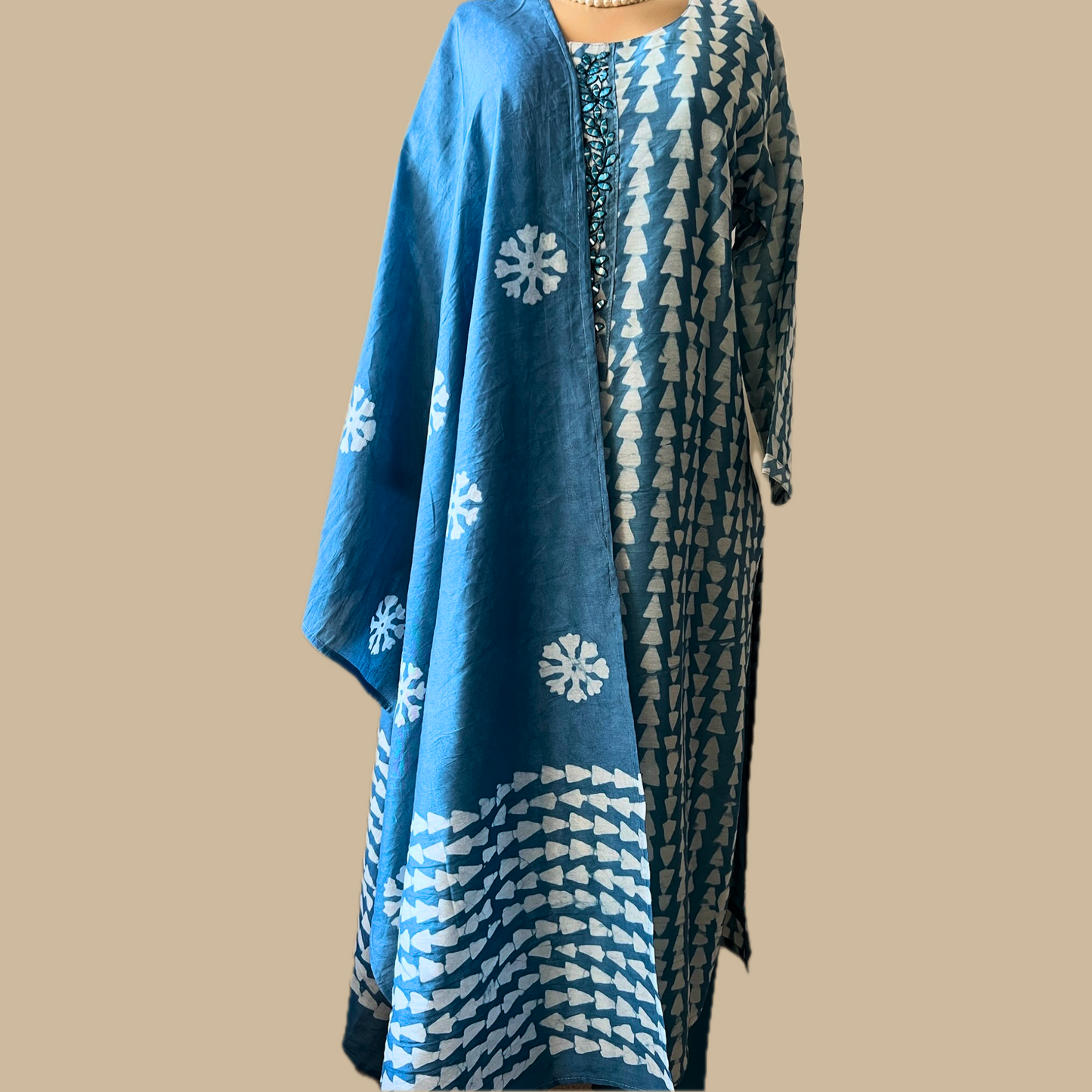 Batik Cotton Silk 3-Piece Kurta Set in Blue