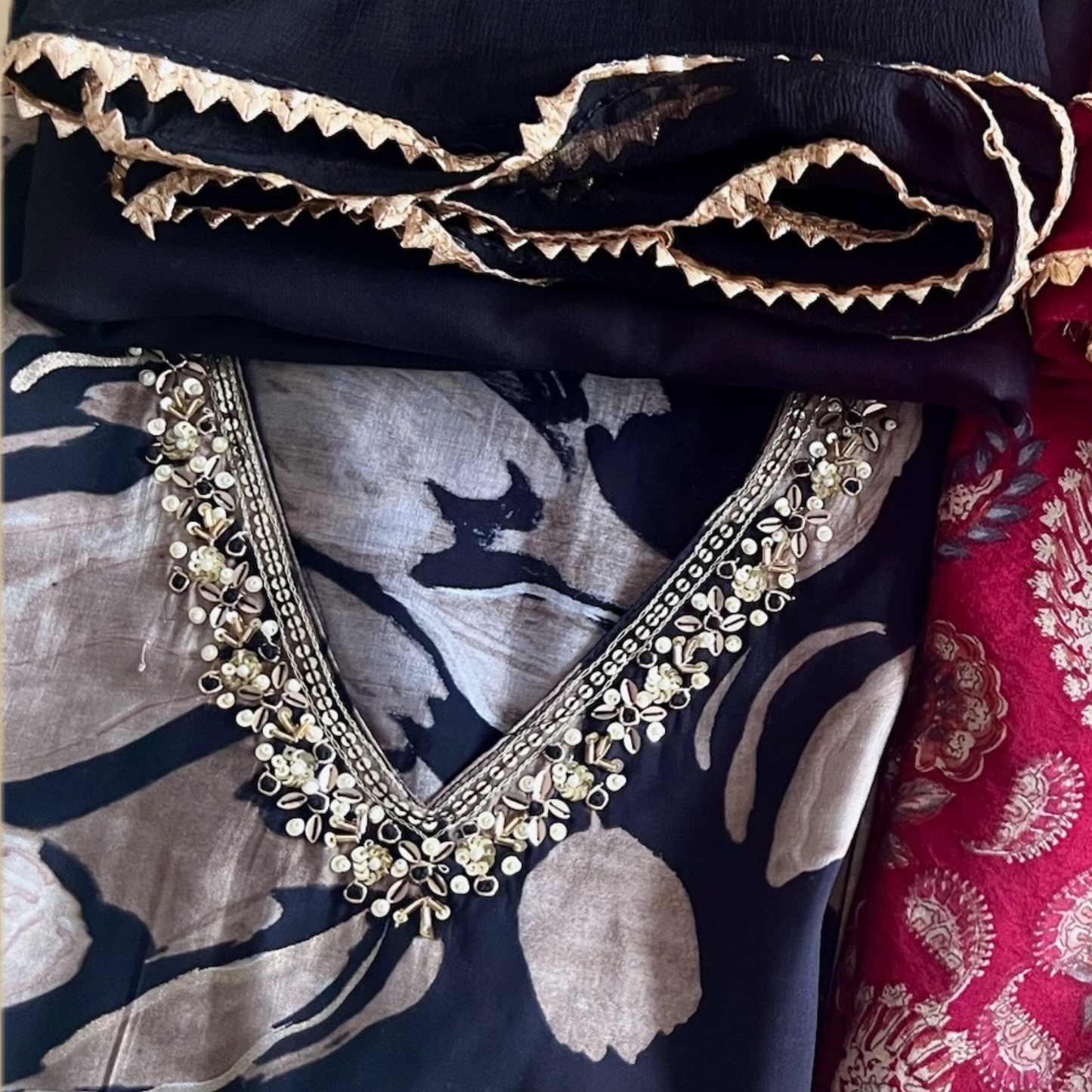 Elegant Cotton Crepe Blend 3-Piece Suit in Black with Gotta Kinnari Dupatta