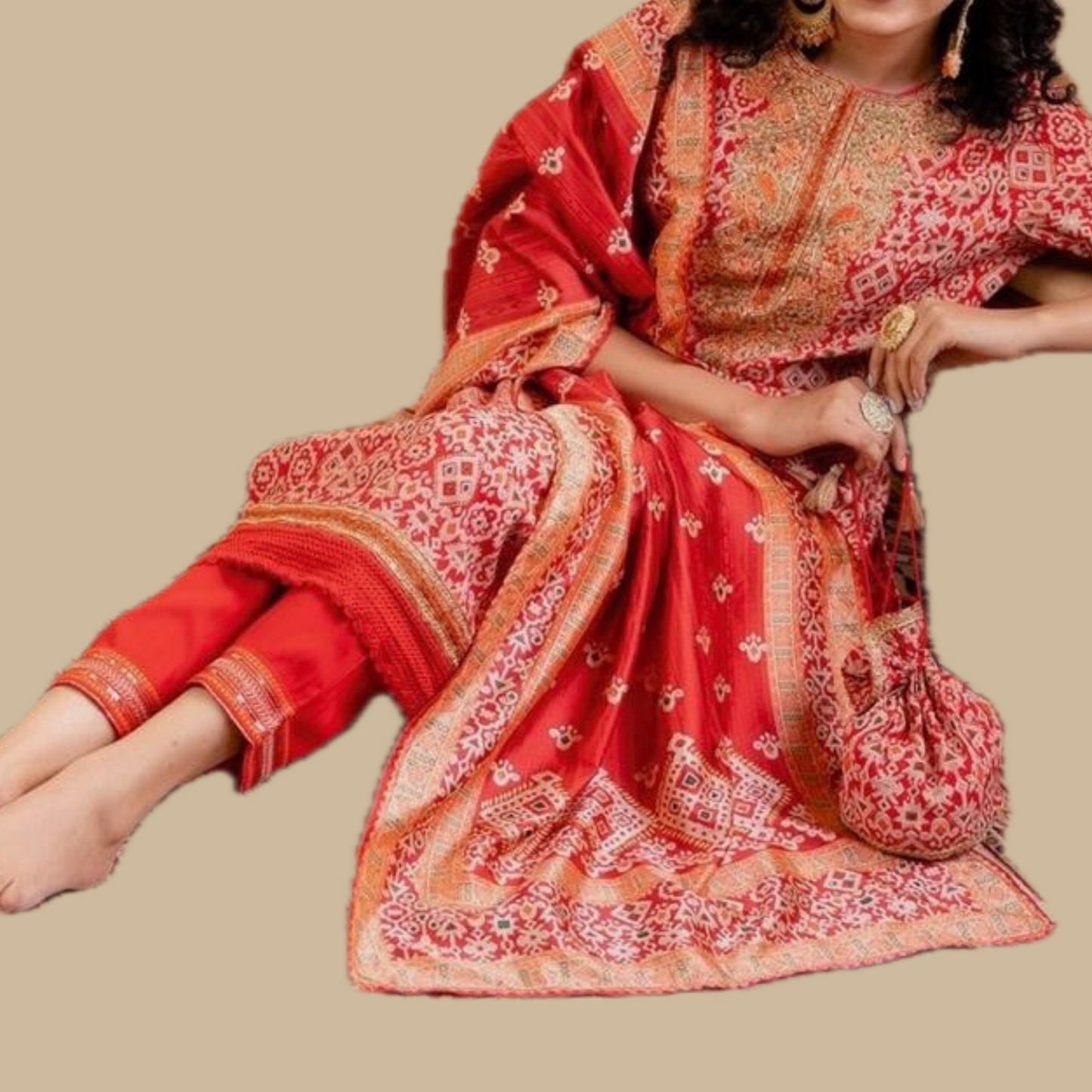 Patola Silk Suit with Zari Work- Red