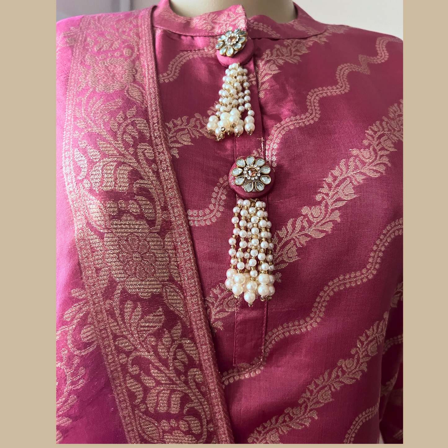 Cotton Silk Blend 3-Piece Suit in Pink with Gold Tone Weave