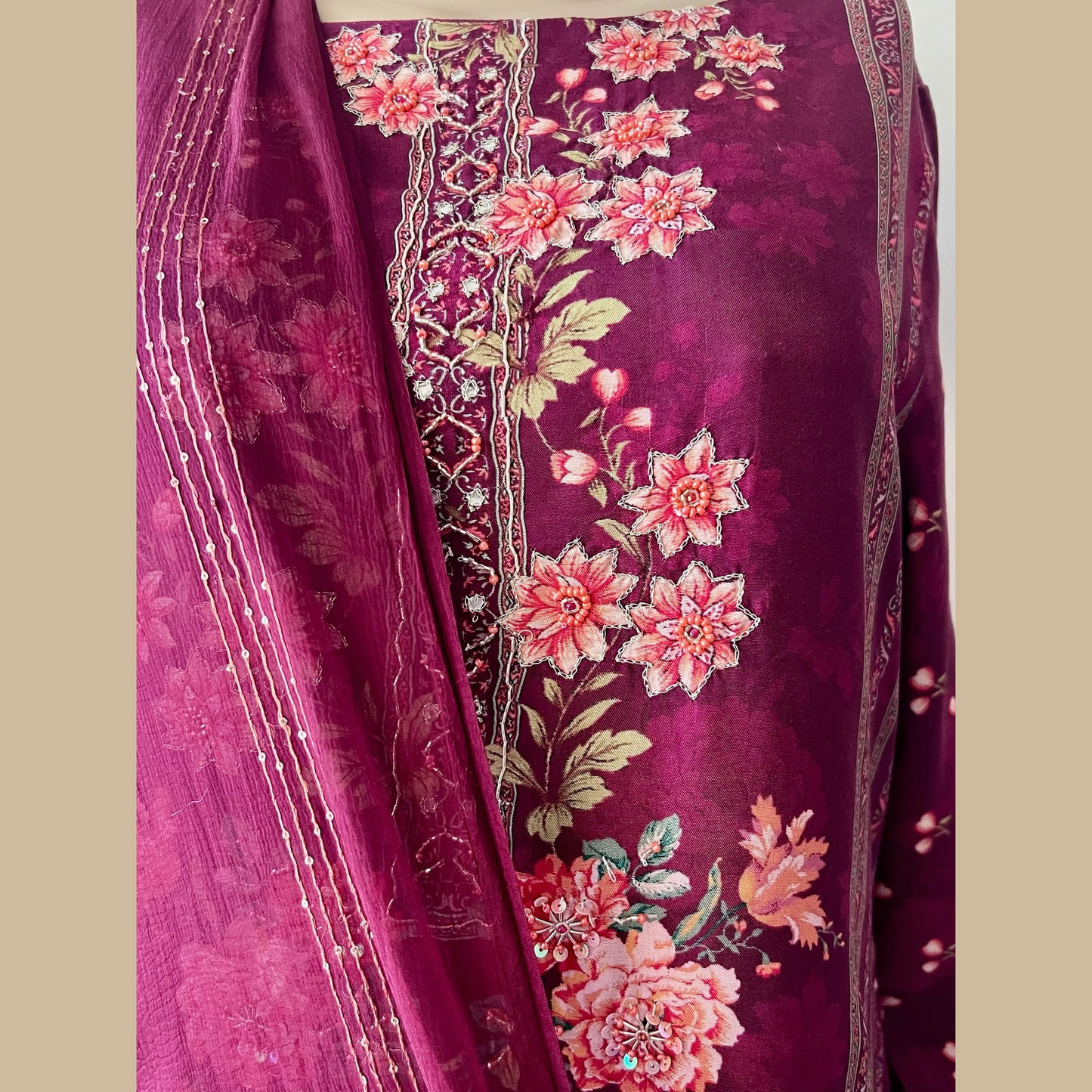 Silk Blend Digitally Printed Maroon 3-Piece Maroon Sharara Set with Crochet Lace on Shirt and Ethnic Printed Motifs on Sharara