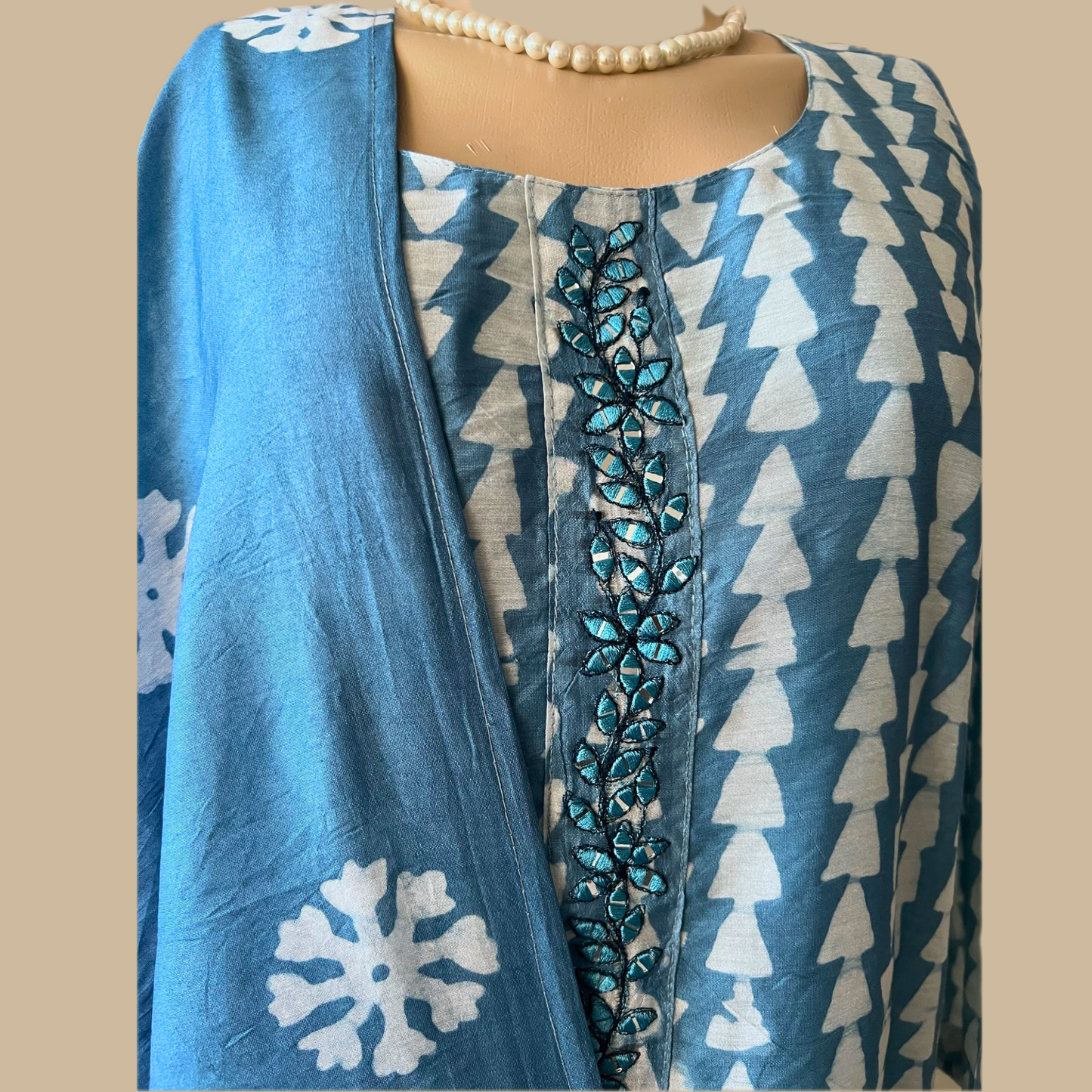 Batik Cotton Silk 3-Piece Kurta Set in Blue