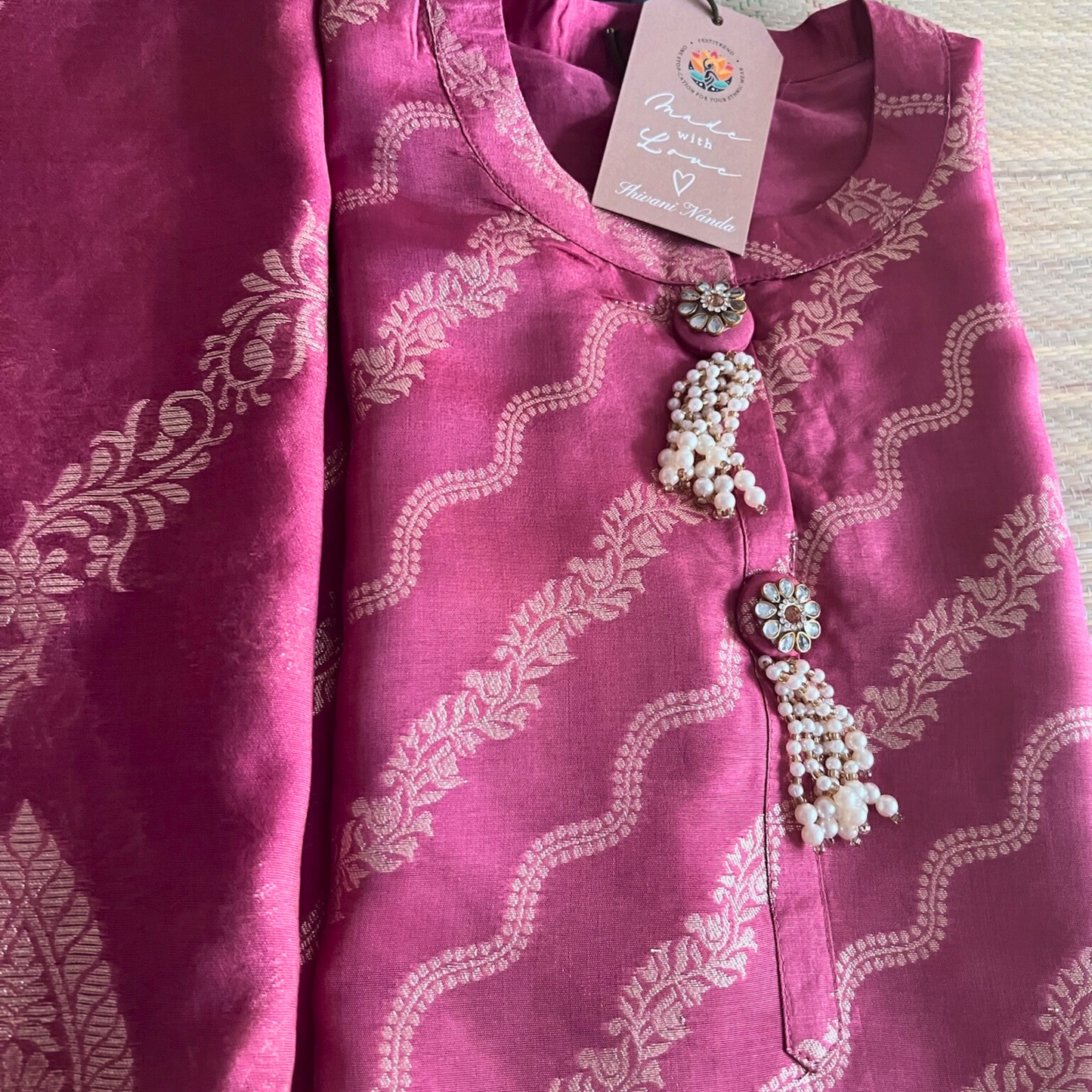 Cotton Silk Blend 3-Piece Suit in Pink with Gold Tone Weave