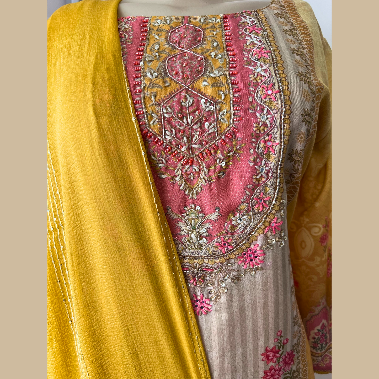 Yellow Chinon Silk 3-Piece Indian Suit with Sequins Dupatta