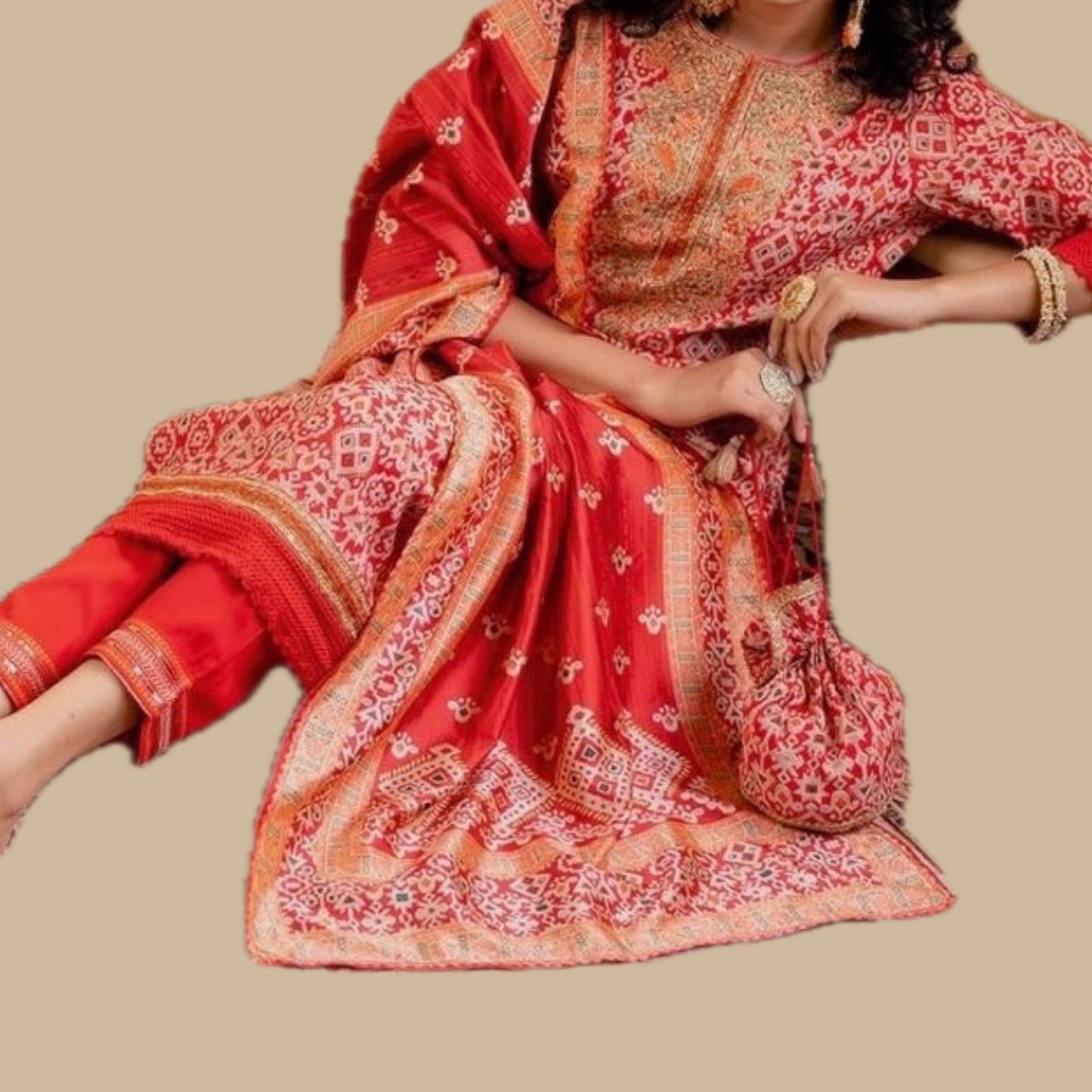 Patola Silk Suit with Zari Work- Red