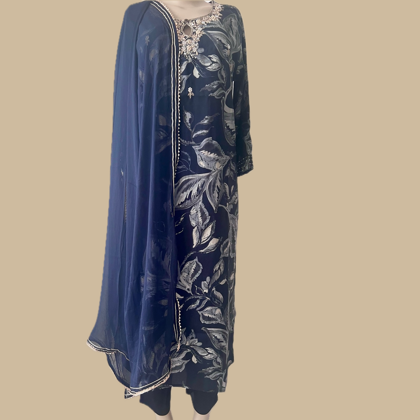 Cotton Crepe Blend 3-Piece Suit in Black with Dabka Work on the Neck Yoke