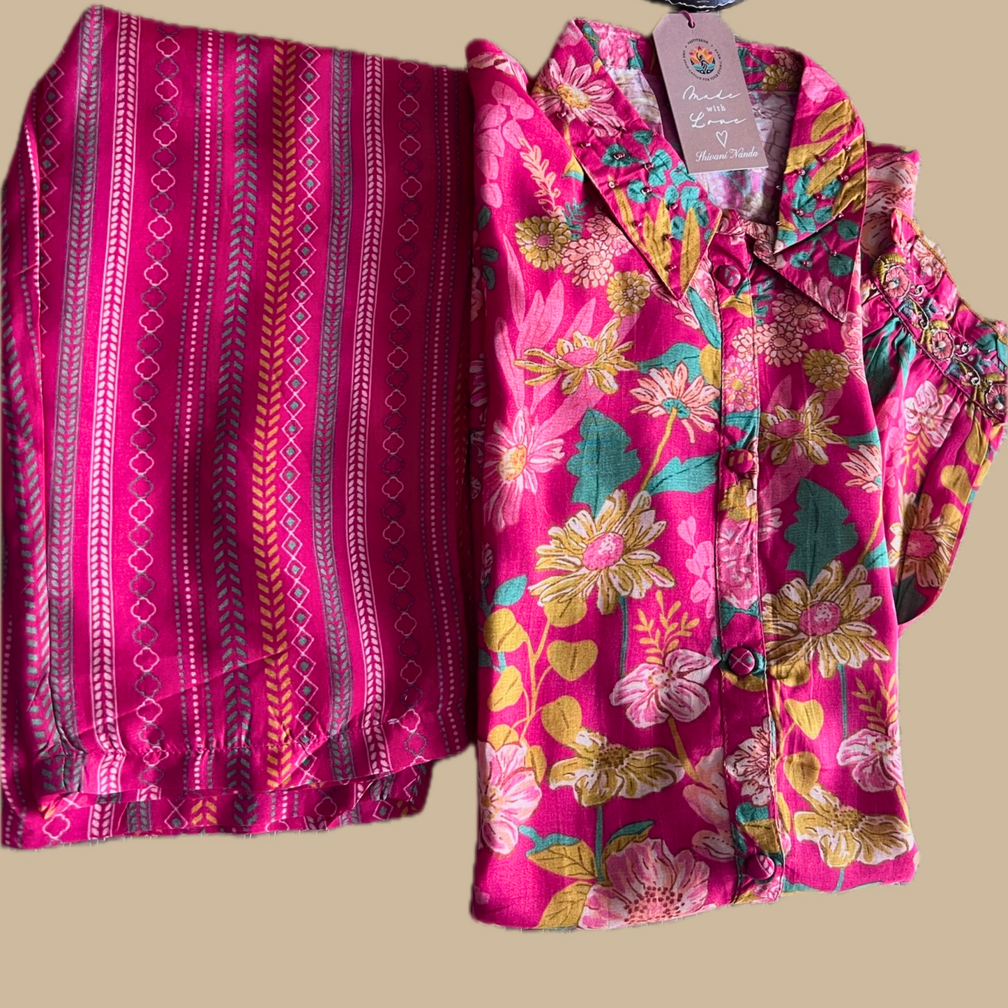 Floral Digital Printed Pink Buttoned Coord Set with Embroidered Sleeves and Printed Pants