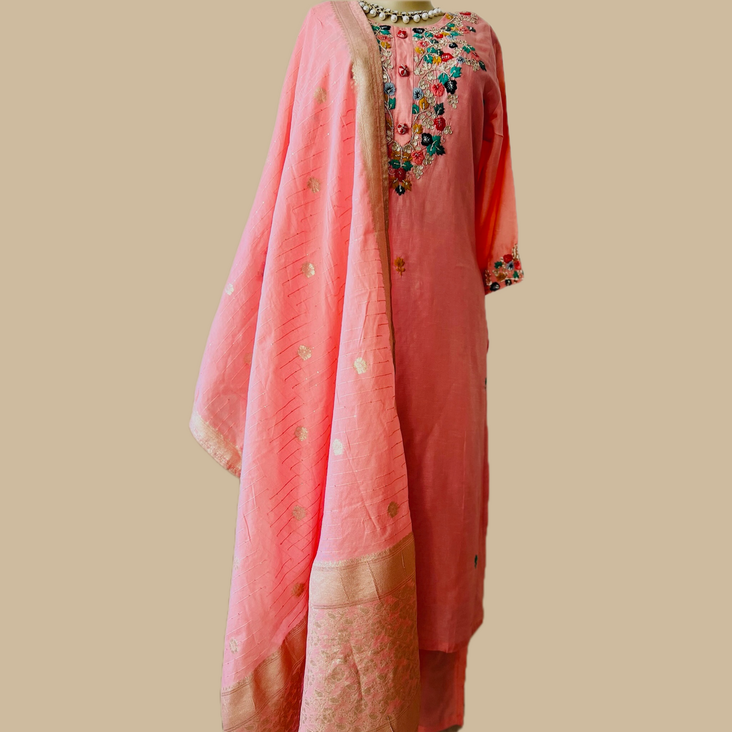 Elegant Silk Blend 3-Piece Suit in Peachish Pink with Brocade Dupatta