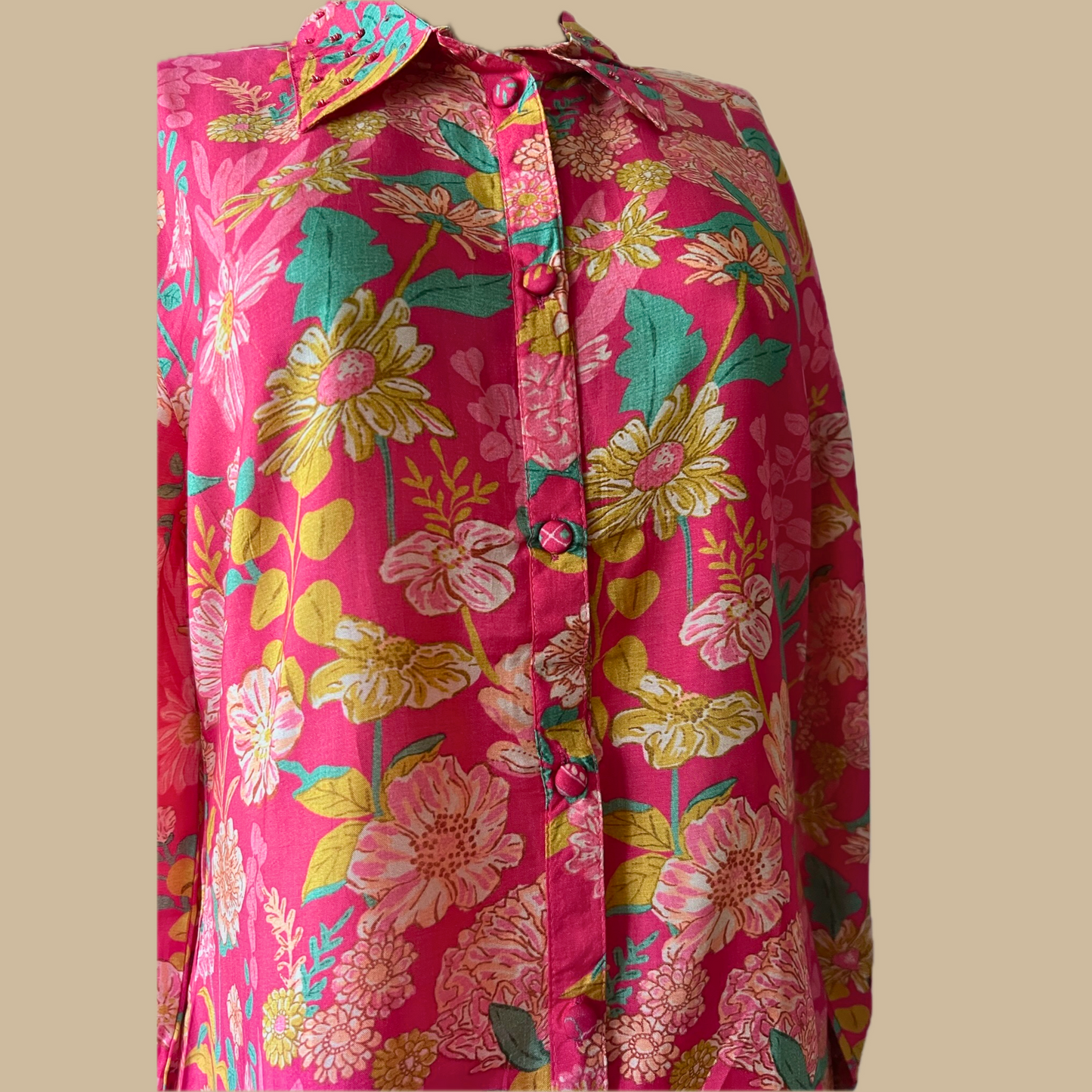 Floral Digital Printed Pink Buttoned Coord Set with Embroidered Sleeves and Printed Pants