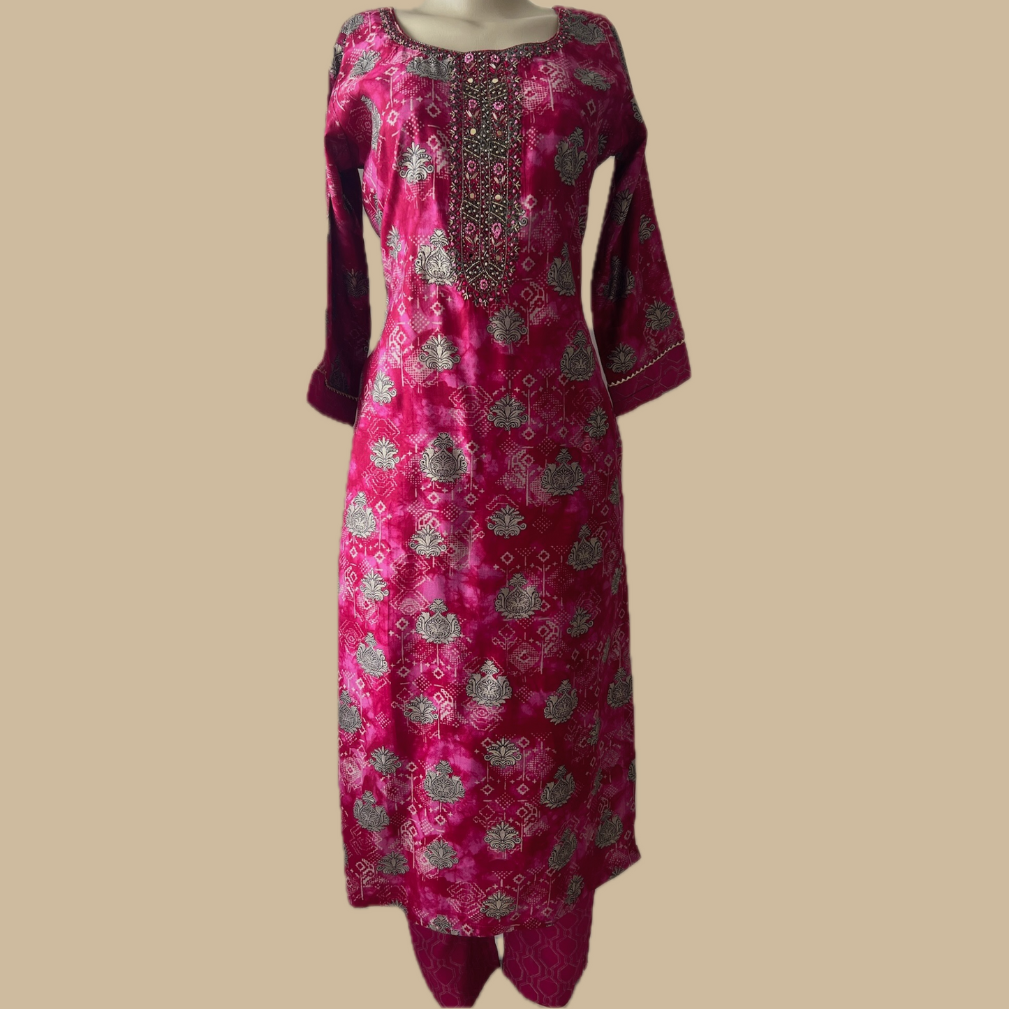 Cotton Blend 3-Piece Suit in Magenta with Intricate Gold Foil Motifs