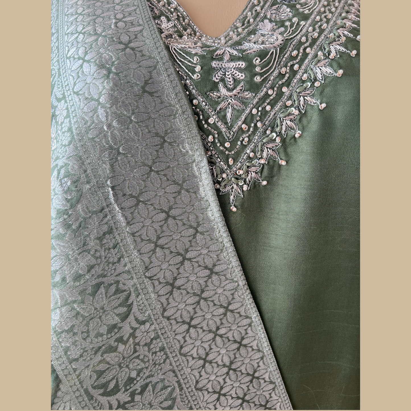 Chinon Silk 3-Piece Suit in Green with Silver Embellishments on Neck and Silver Weaved Dupatta - Perfect Festive Wear