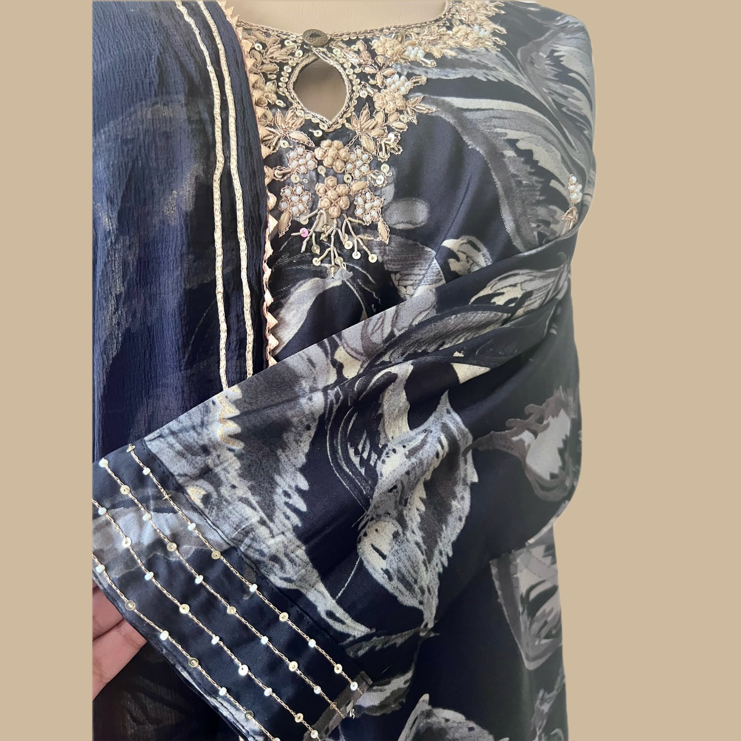 Cotton Crepe Blend 3-Piece Suit in Black with Dabka Work on the Neck Yoke