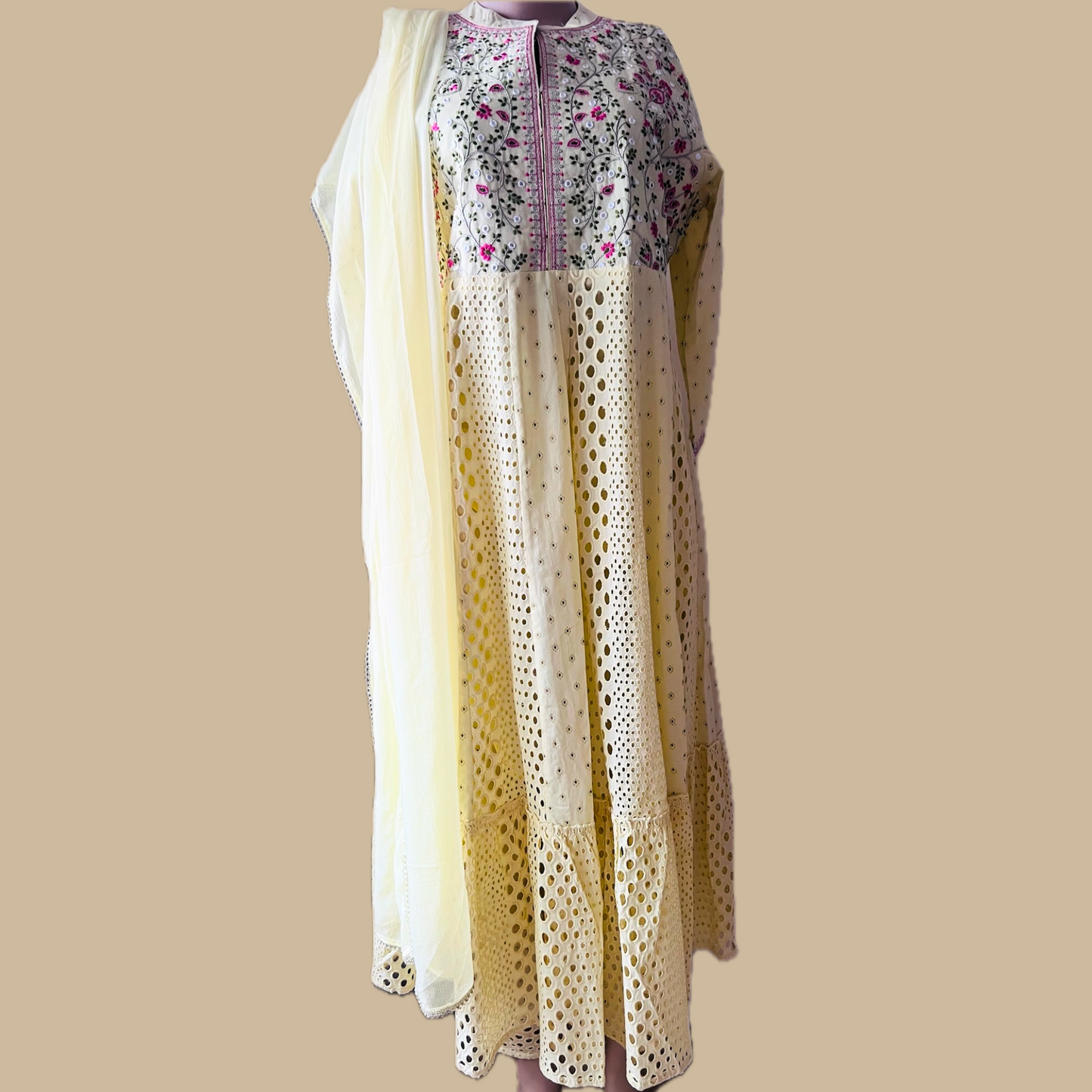 Cotton 3-Piece Anarkali Traditional Suit with Thread Work on Neck Yoke