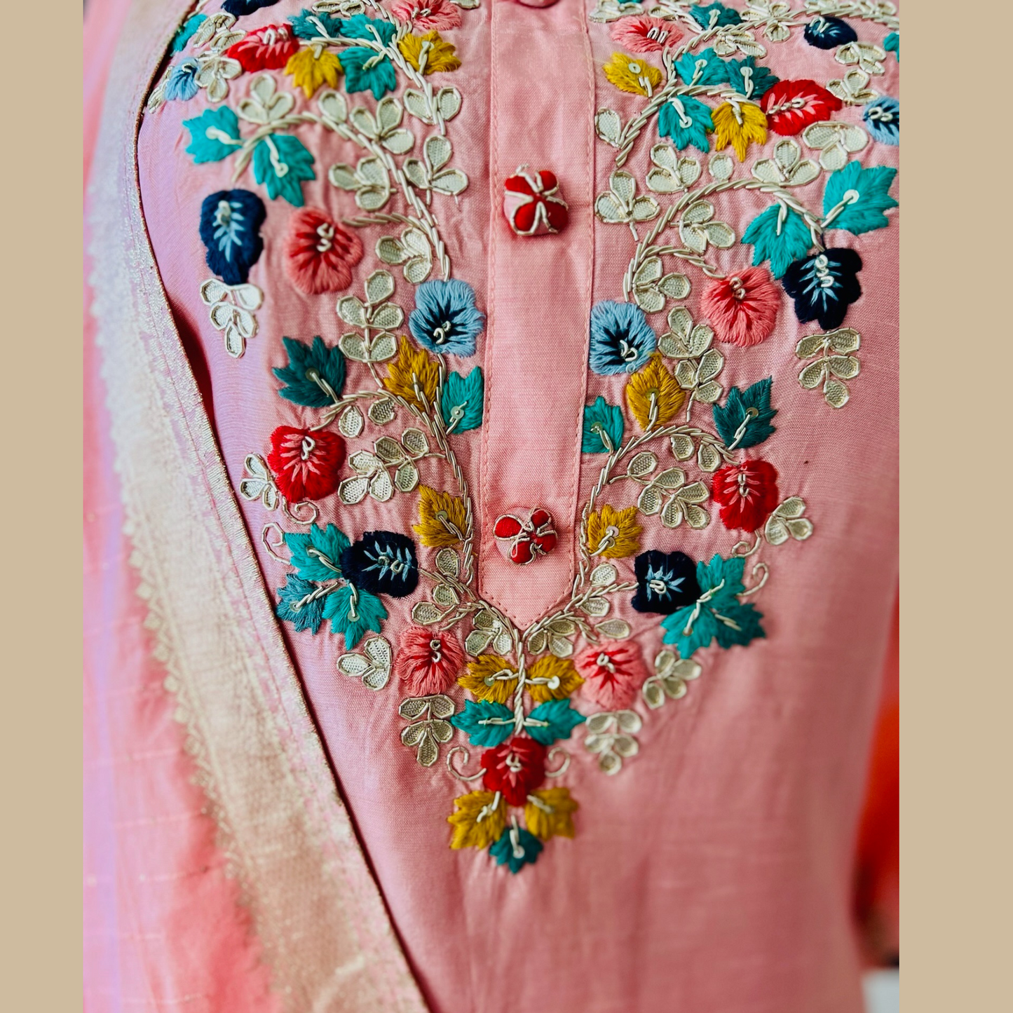 Elegant Silk Blend 3-Piece Suit in Peachish Pink with Brocade Dupatta