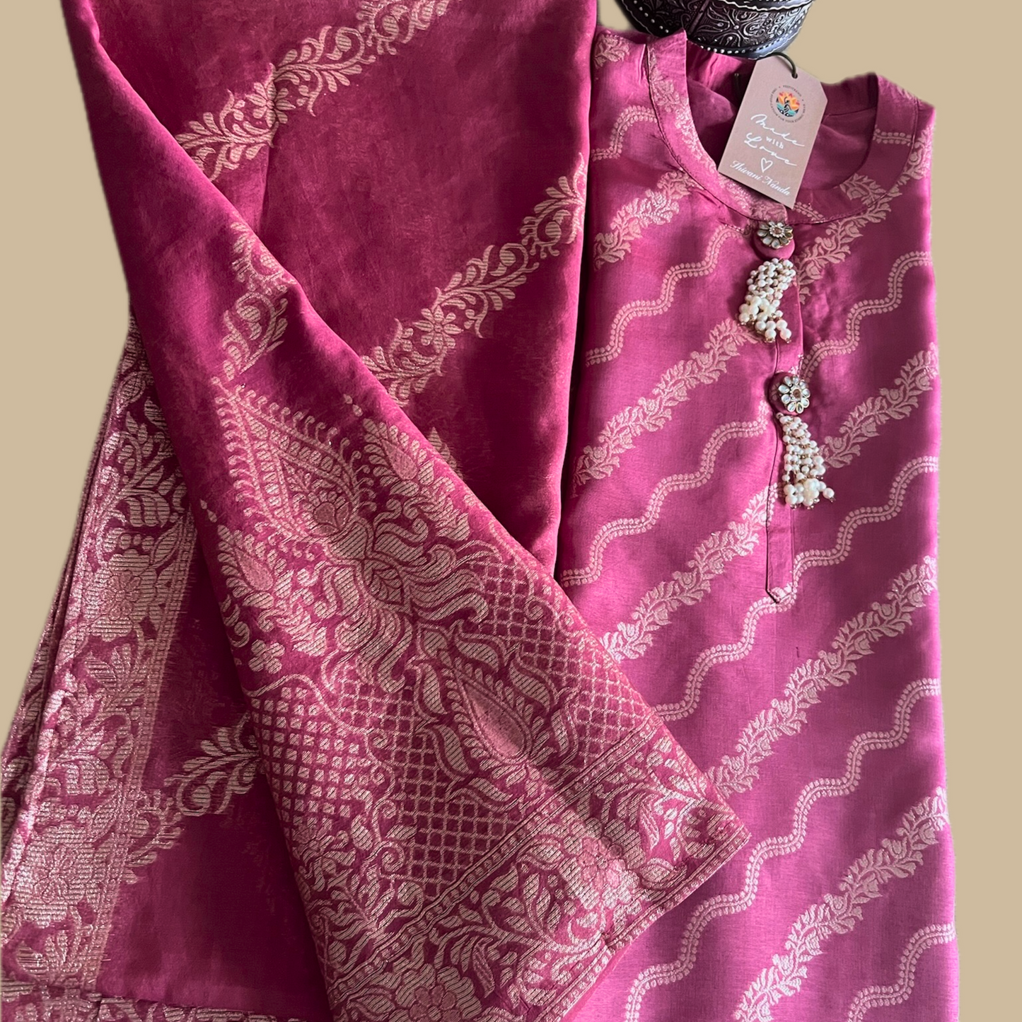 Cotton Silk Blend 3-Piece Suit in Pink with Gold Tone Weave
