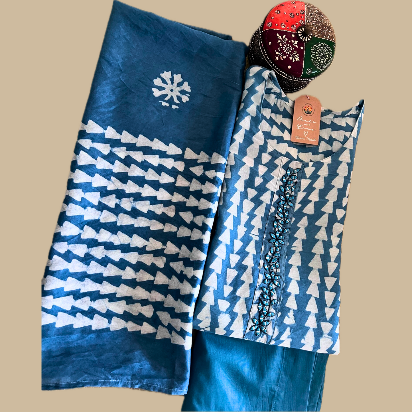 Batik Cotton Silk 3-Piece Kurta Set in Blue