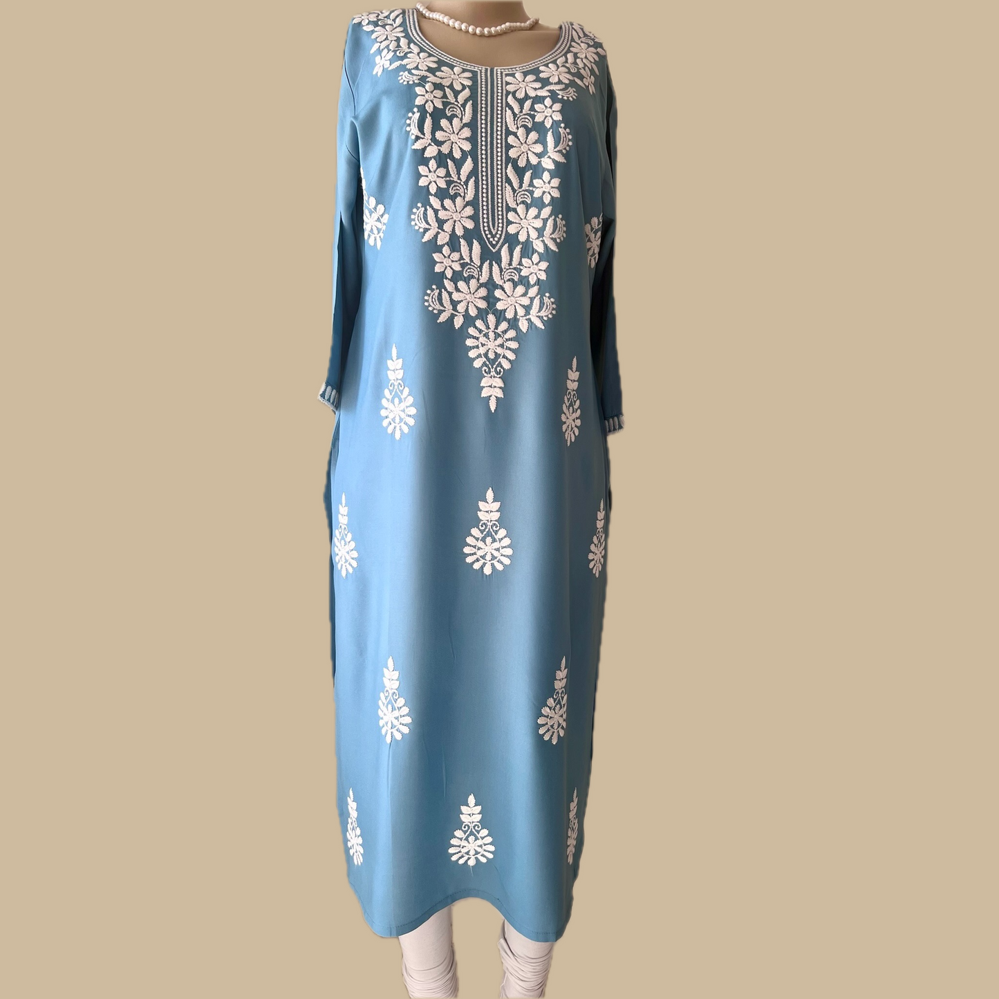Premium Rayon Chikankari Kurti in blue with Contrast Hand Thread Embroidery