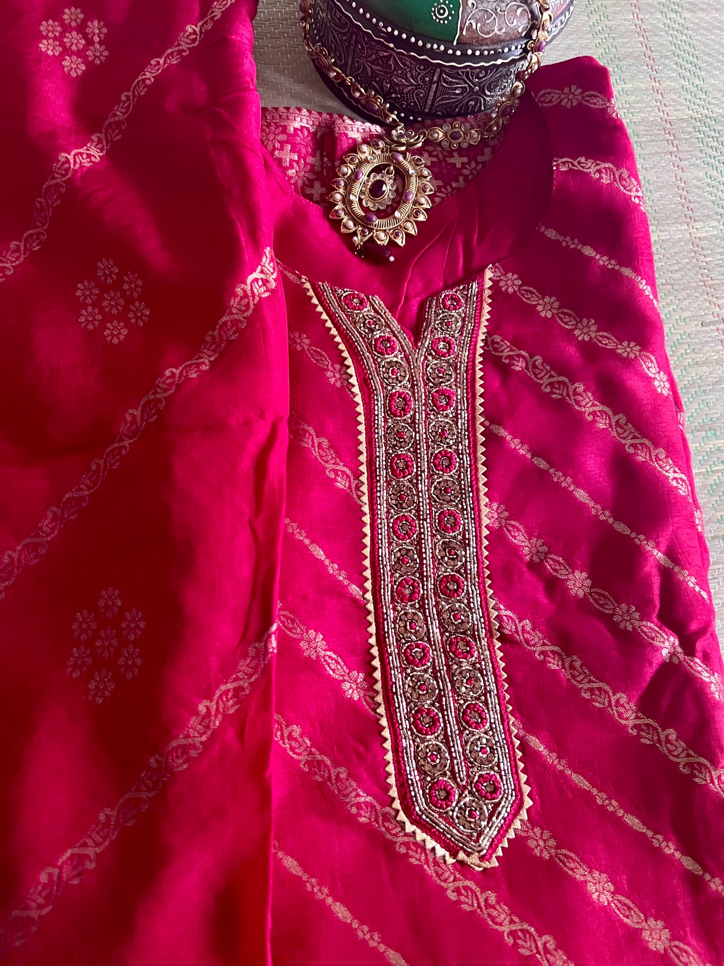Festive Red Silk Blend 3-Piece Suit with Gold Thread Weave and Brocade Border Dupatta