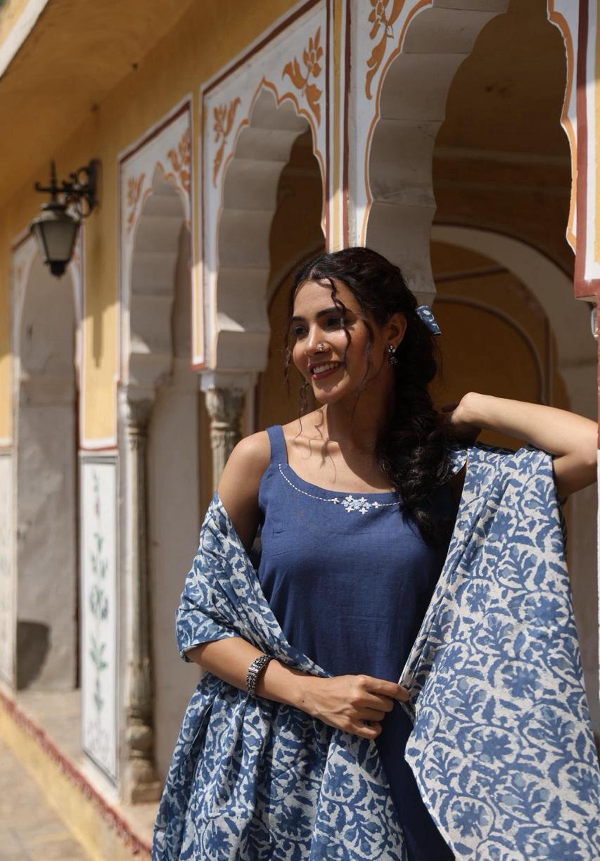 Khadi Cotton 3-Piece Suit in Blue with Adjustable Noodle Straps and Palazzos