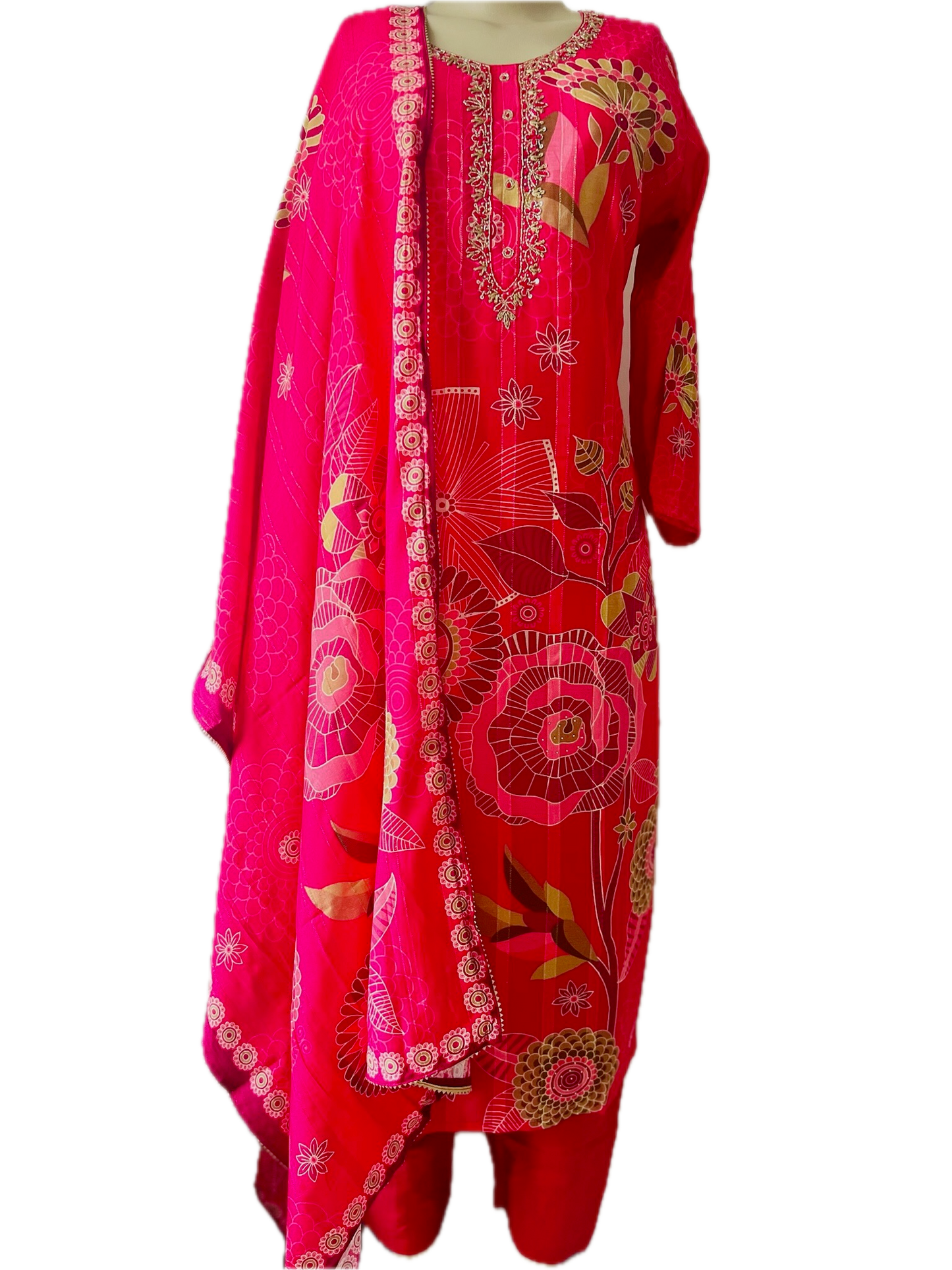 Magenta Cotton Silk Blend 3-Piece Kurta Set with Hand-Painted Golden Motifs