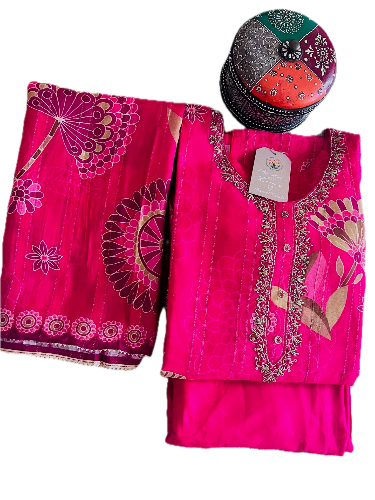 Magenta Cotton Silk Blend 3-Piece Kurta Set with Hand-Painted Golden Motifs