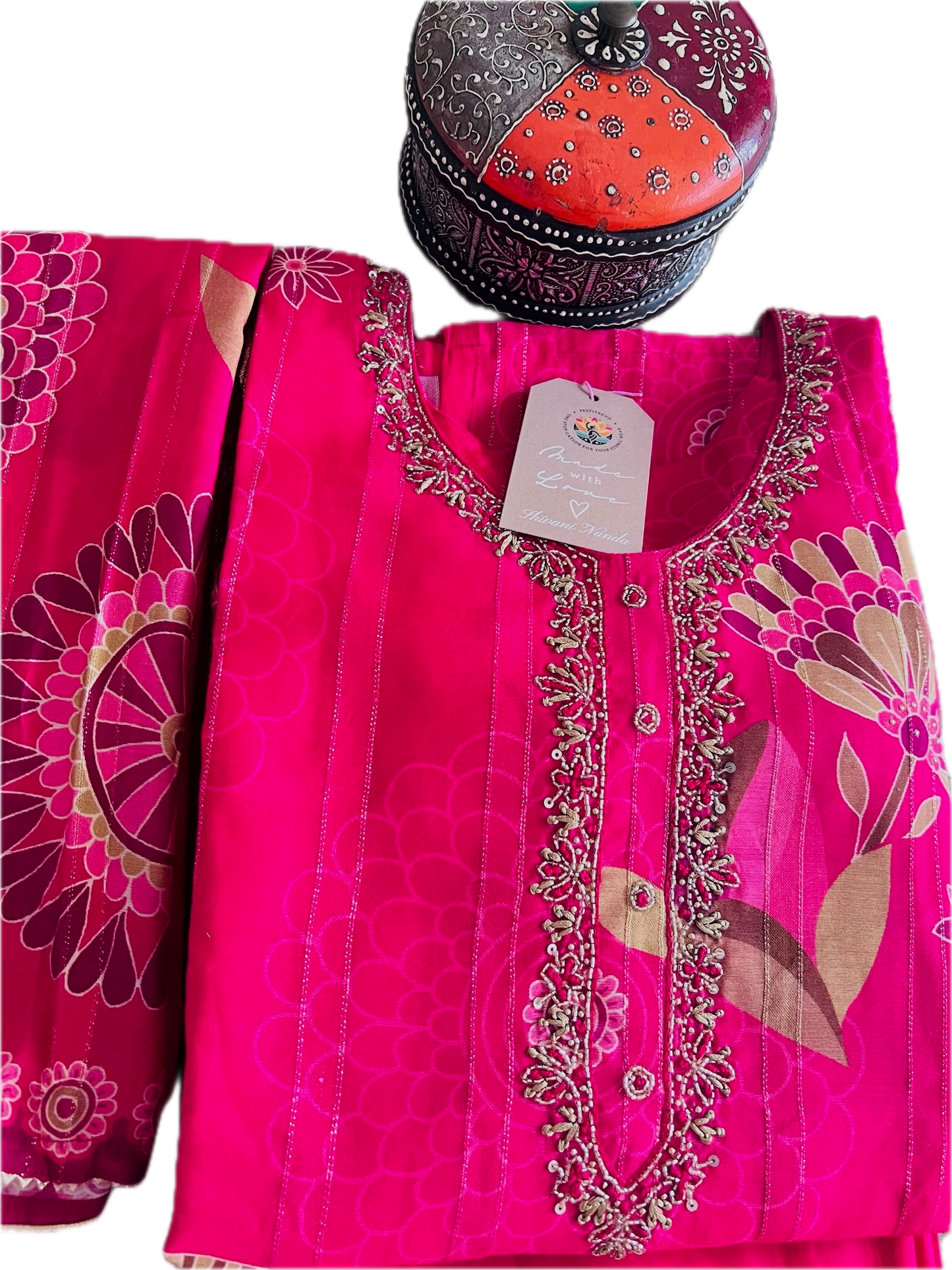 Magenta Cotton Silk Blend 3-Piece Kurta Set with Hand-Painted Golden Motifs