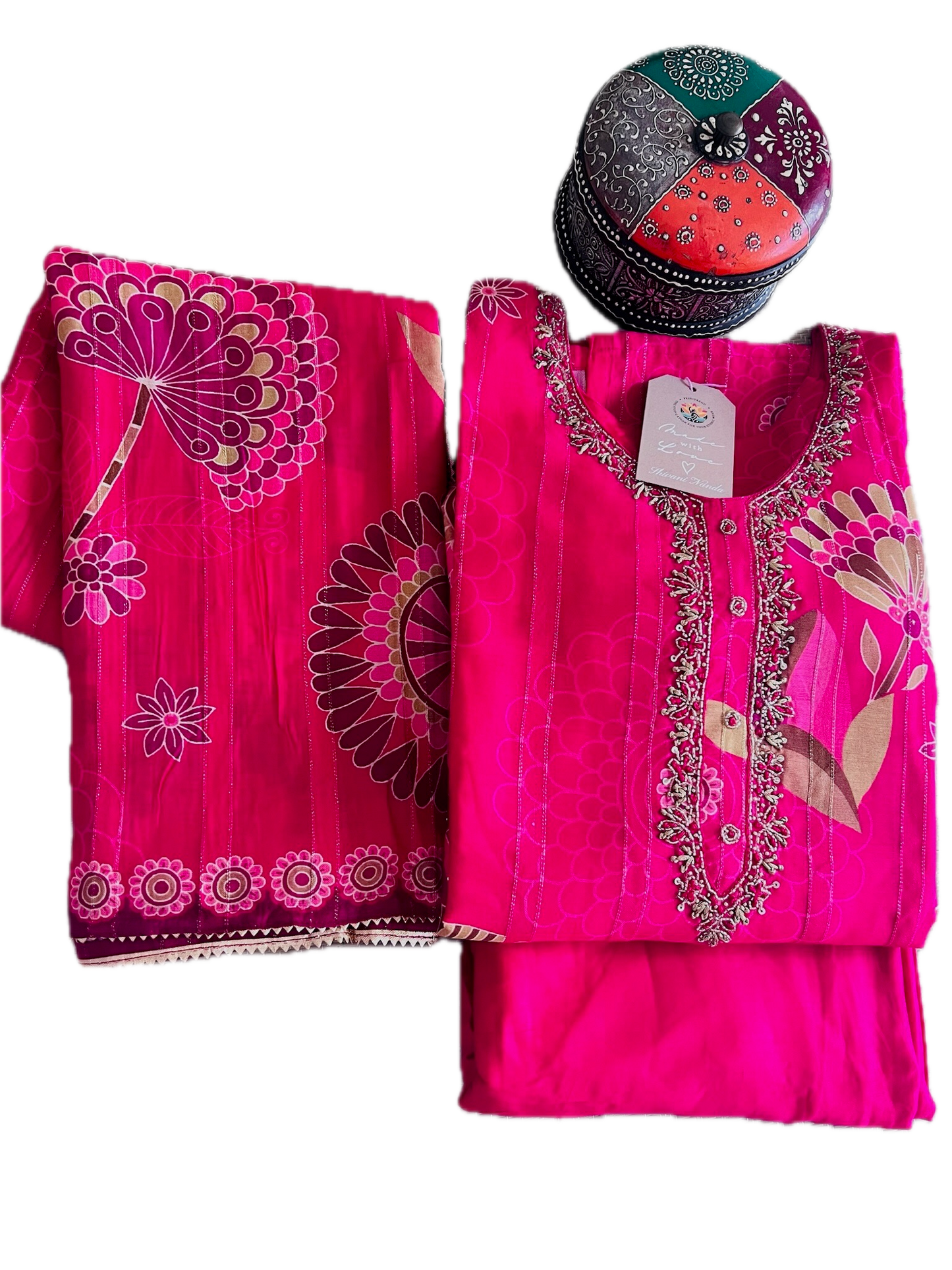 Magenta Cotton Silk Blend 3-Piece Kurta Set with Hand-Painted Golden Motifs