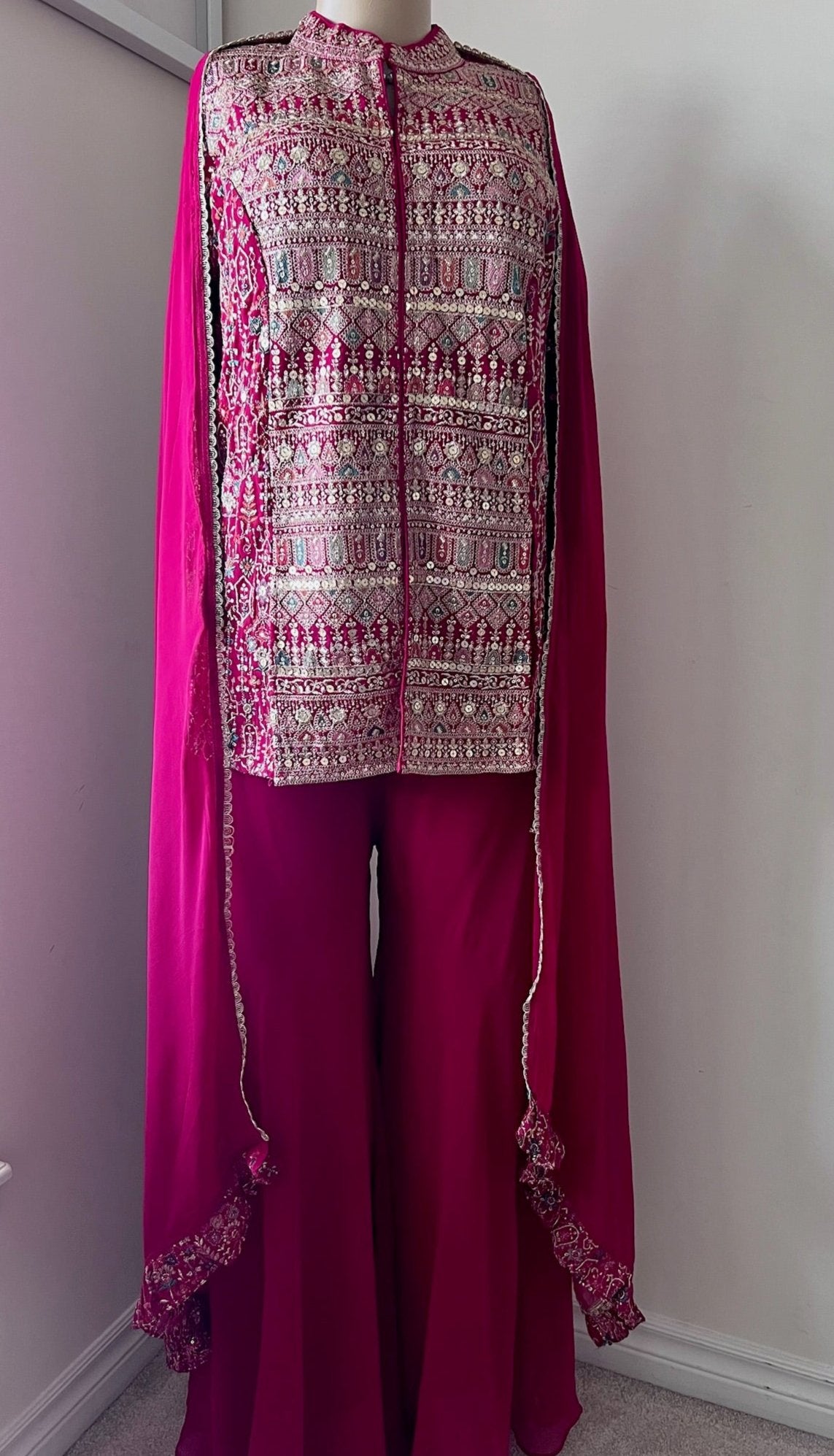 Divine Red Pure Georgette 3-Piece Fusion Wear Set with Intricate Gold Embroidery