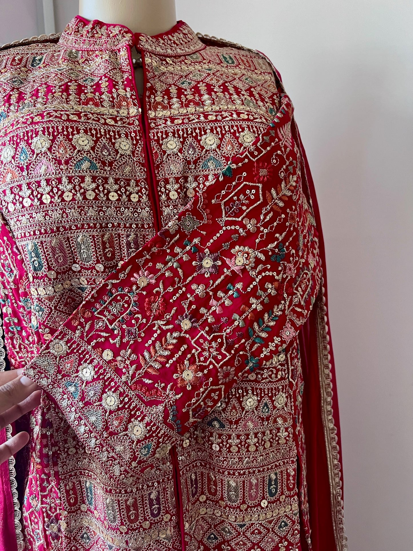 Divine Red Pure Georgette 3-Piece Fusion Wear Set with Intricate Gold Embroidery