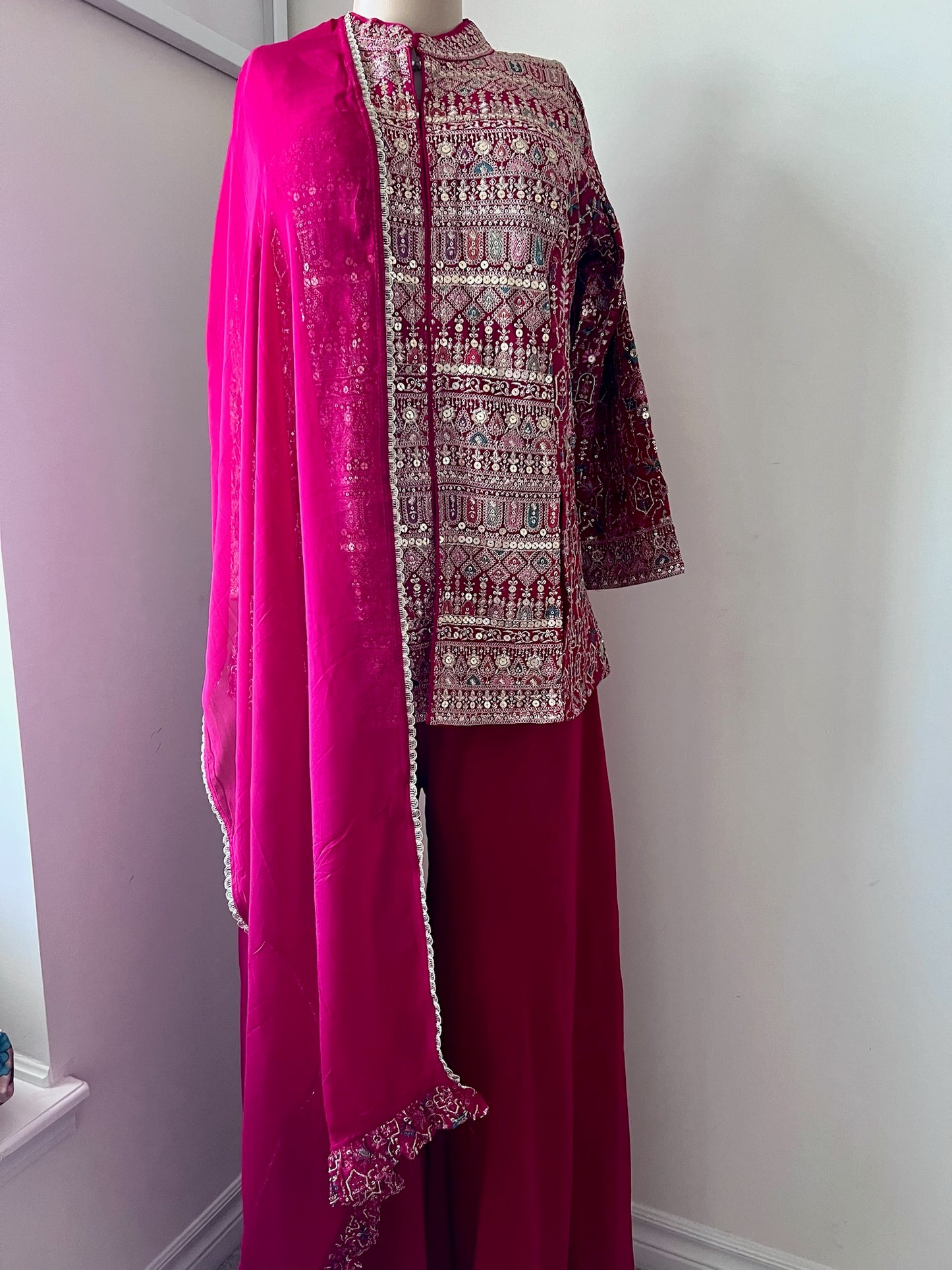 Divine Red Pure Georgette 3-Piece Fusion Wear Set with Intricate Gold Embroidery
