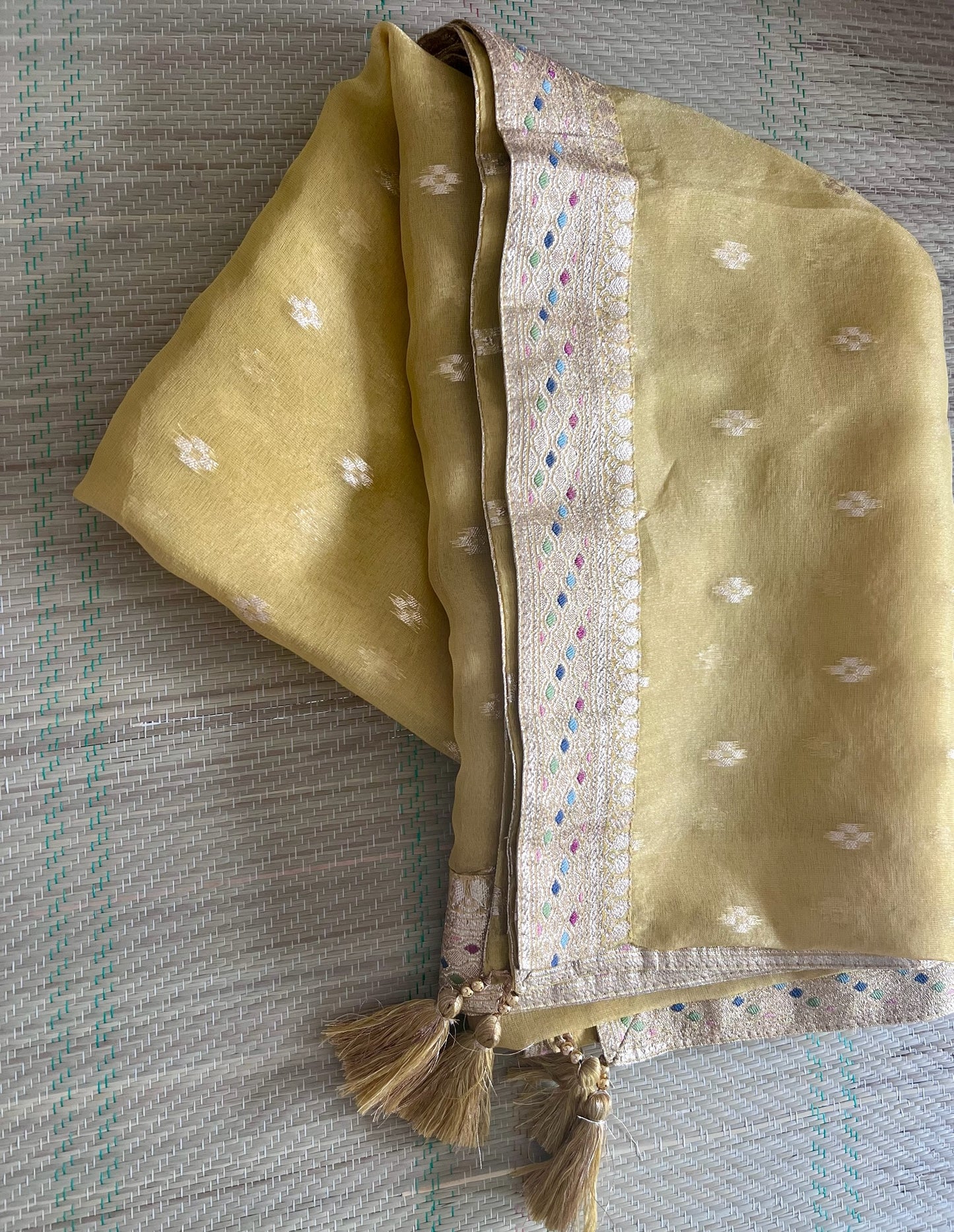 Golden Yellow Organza Tissue 3-Piece Festive Wear Suit with Intricate Self-Weave and Banarasi Border