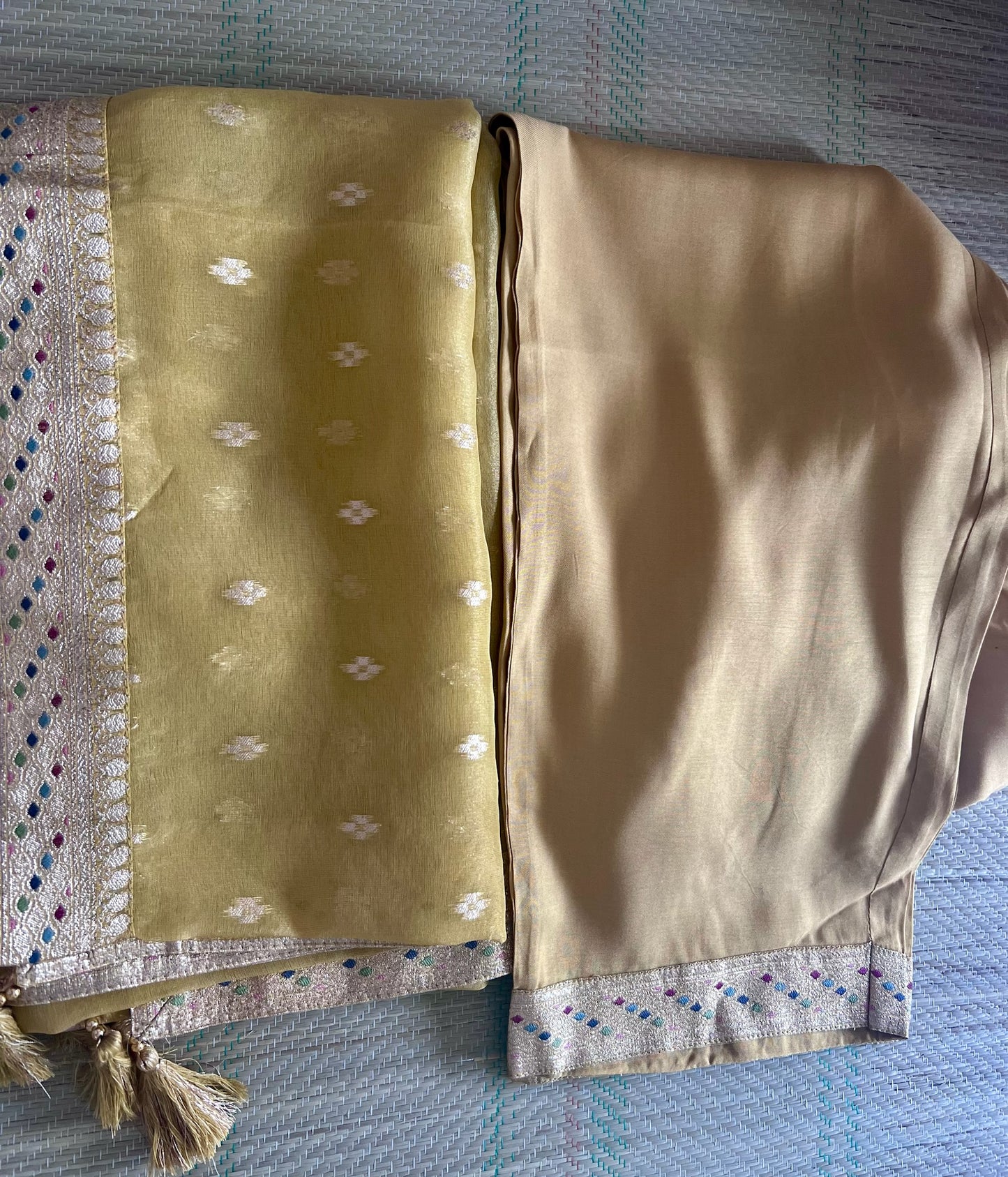 Golden Yellow Organza Tissue 3-Piece Festive Wear Suit with Intricate Self-Weave and Banarasi Border