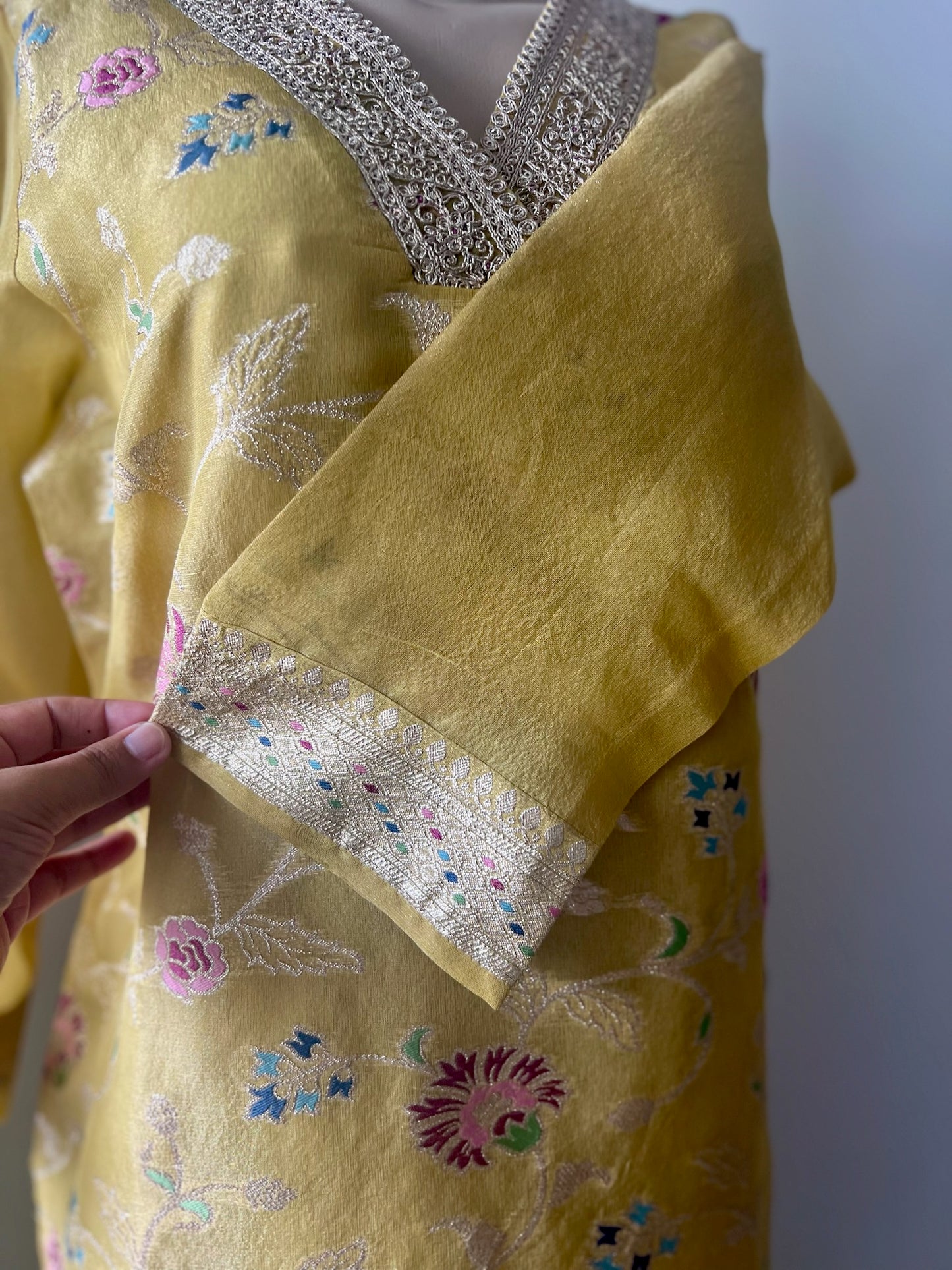 Golden Yellow Organza Tissue 3-Piece Festive Wear Suit with Intricate Self-Weave and Banarasi Border