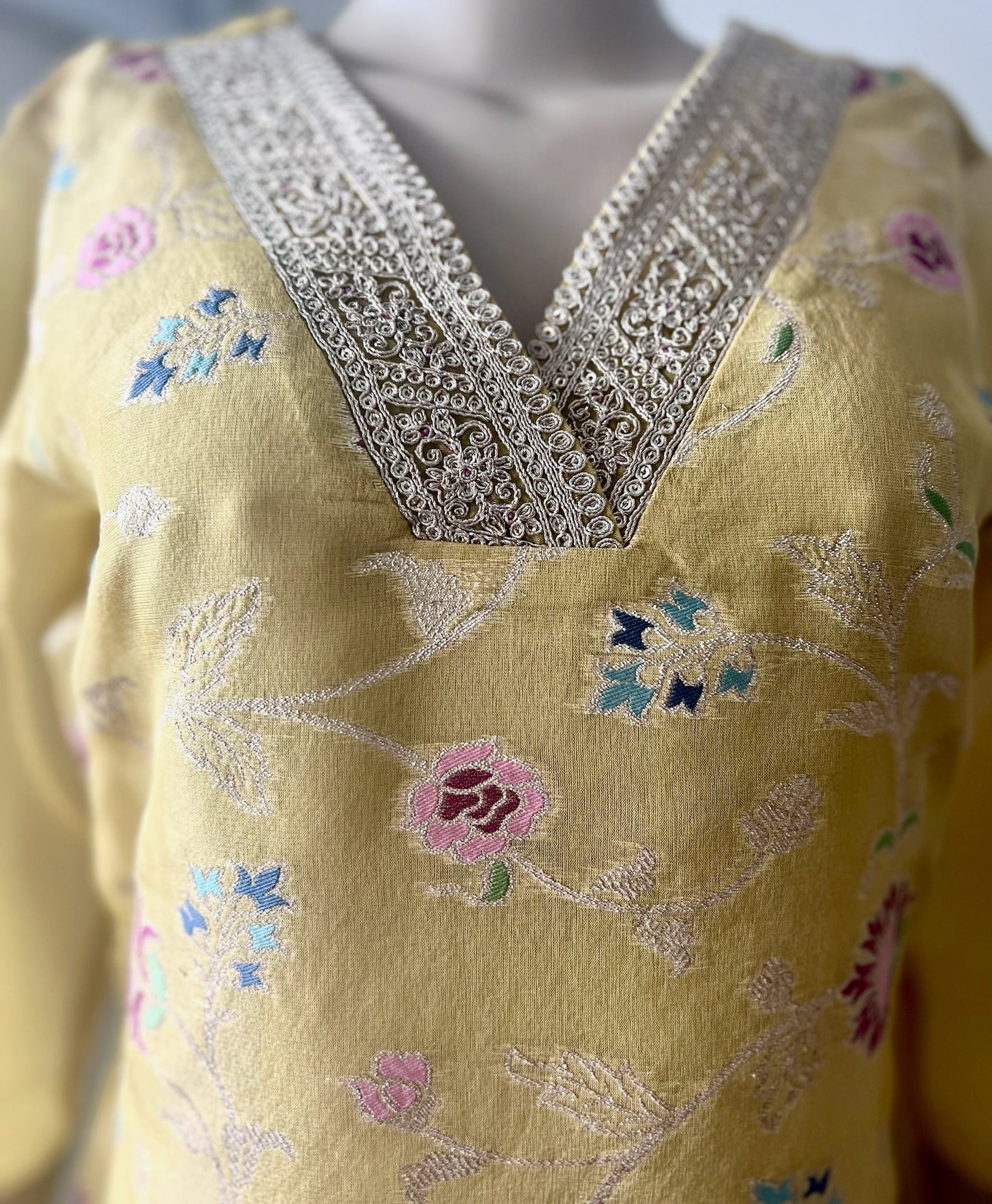 Golden Yellow Organza Tissue 3-Piece Festive Wear Suit with Intricate Self-Weave and Banarasi Border