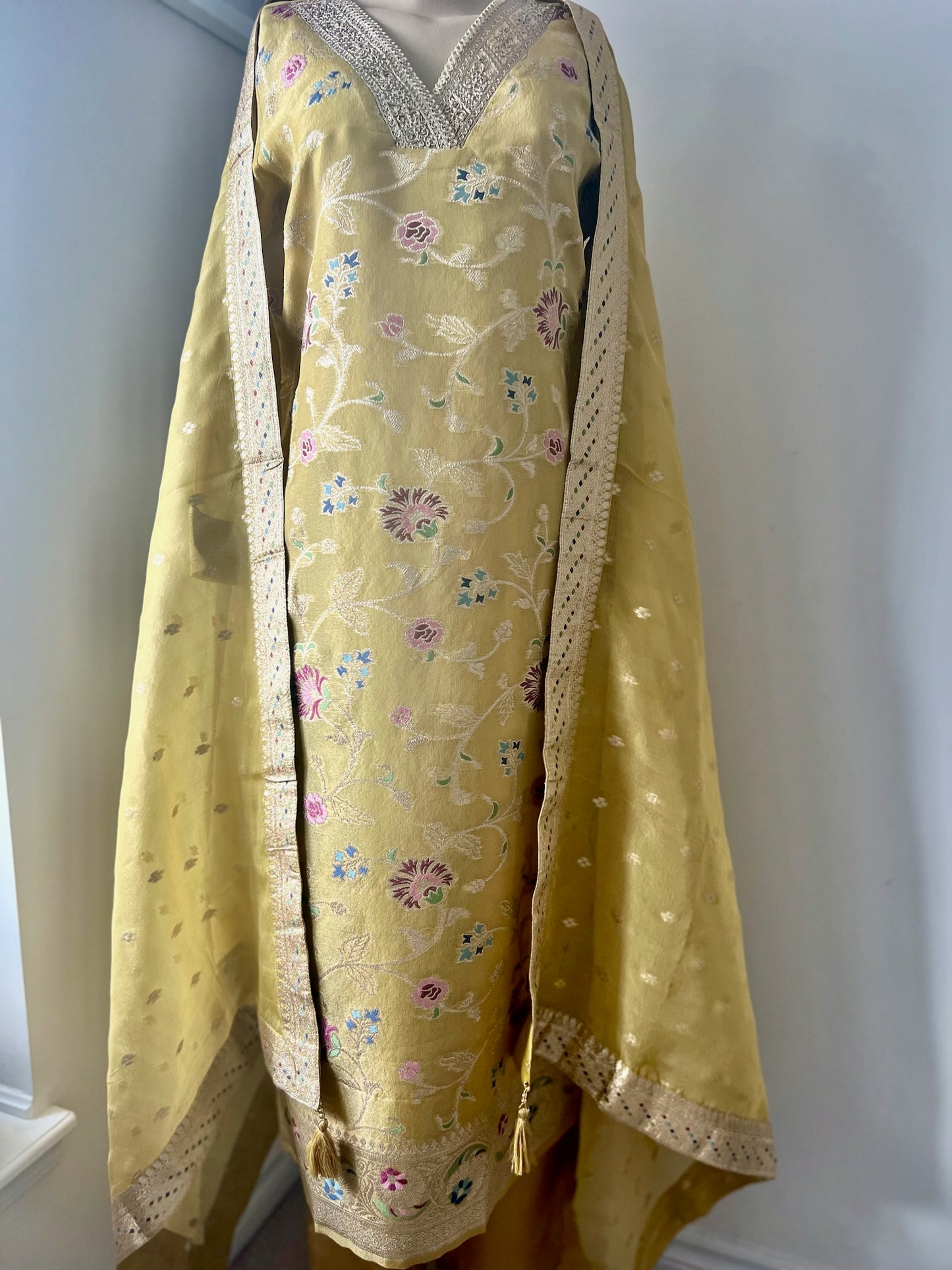 Golden Yellow Organza Tissue 3-Piece Festive Wear Suit with Intricate Self-Weave and Banarasi Border