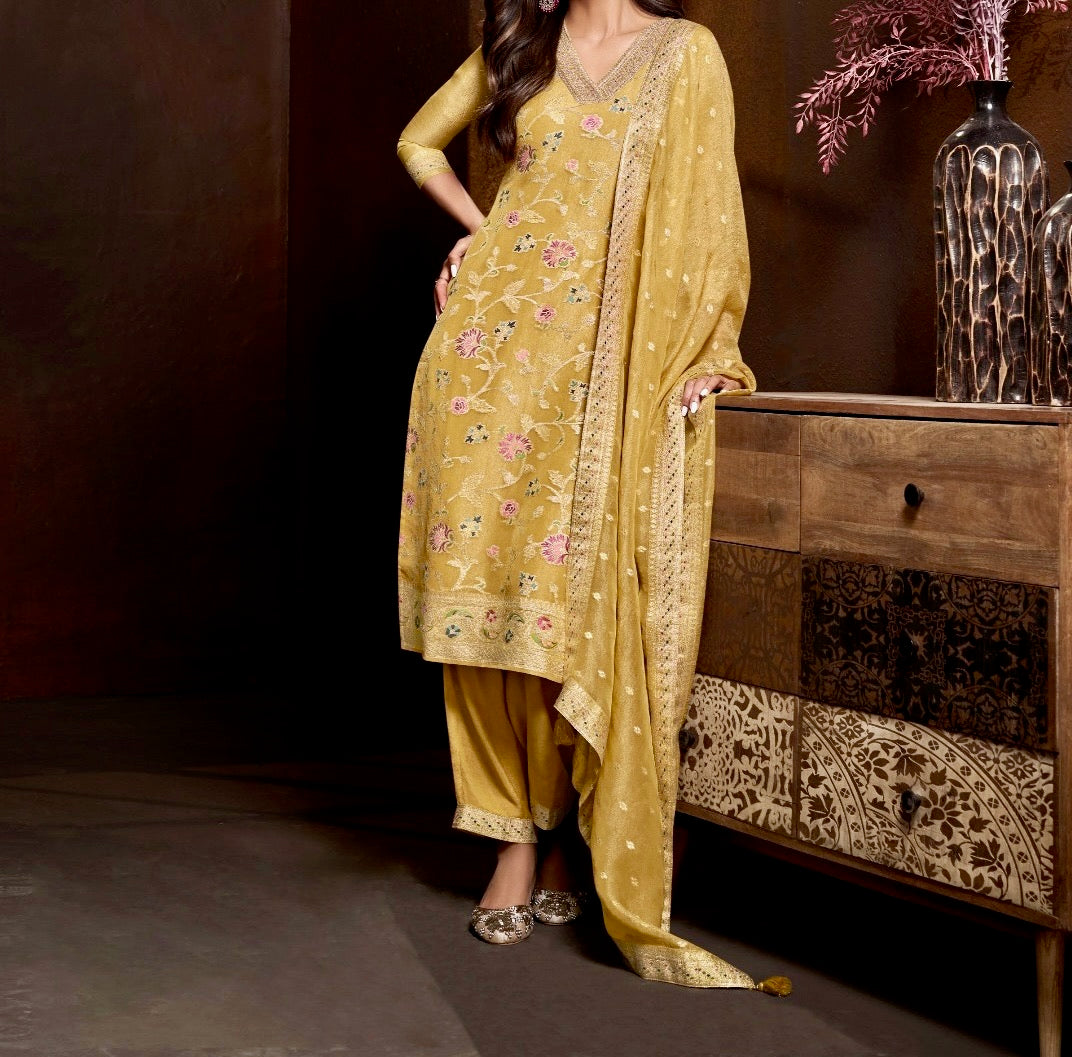 Golden Yellow Organza Tissue 3-Piece Festive Wear Suit with Intricate Self-Weave and Banarasi Border