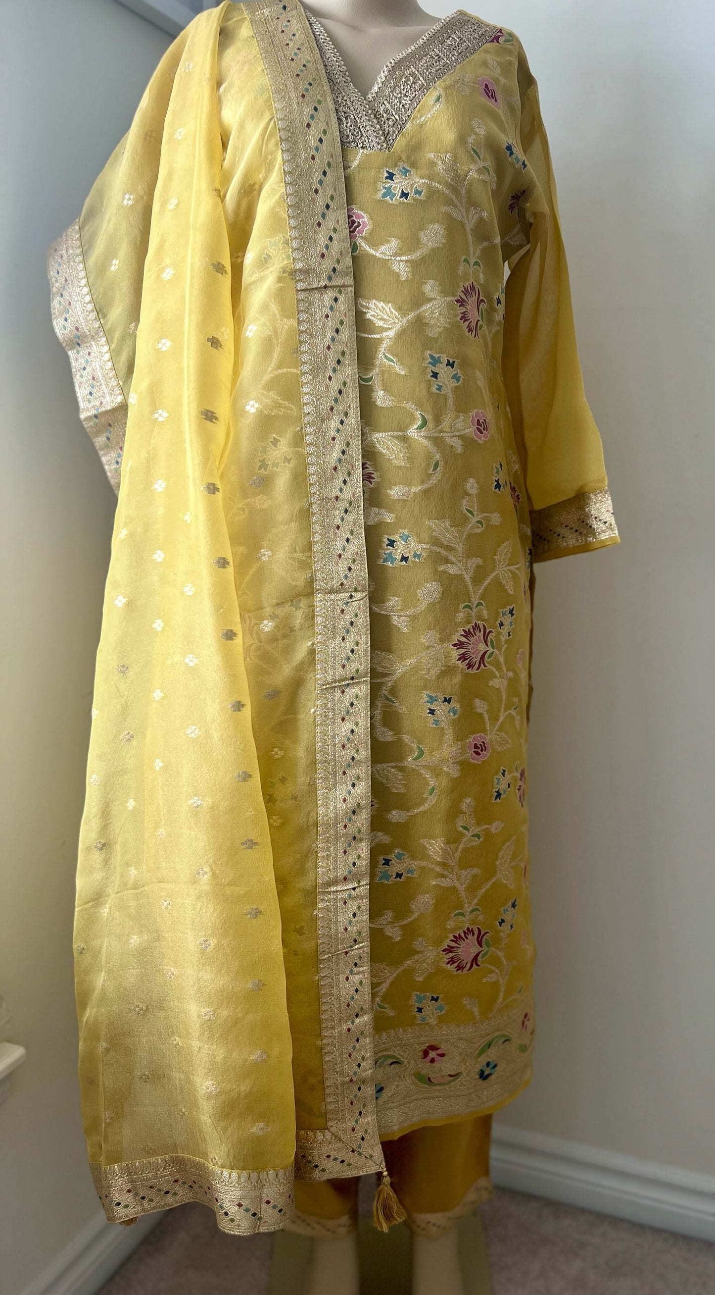 Golden Yellow Organza Tissue 3-Piece Festive Wear Suit with Intricate Self-Weave and Banarasi Border