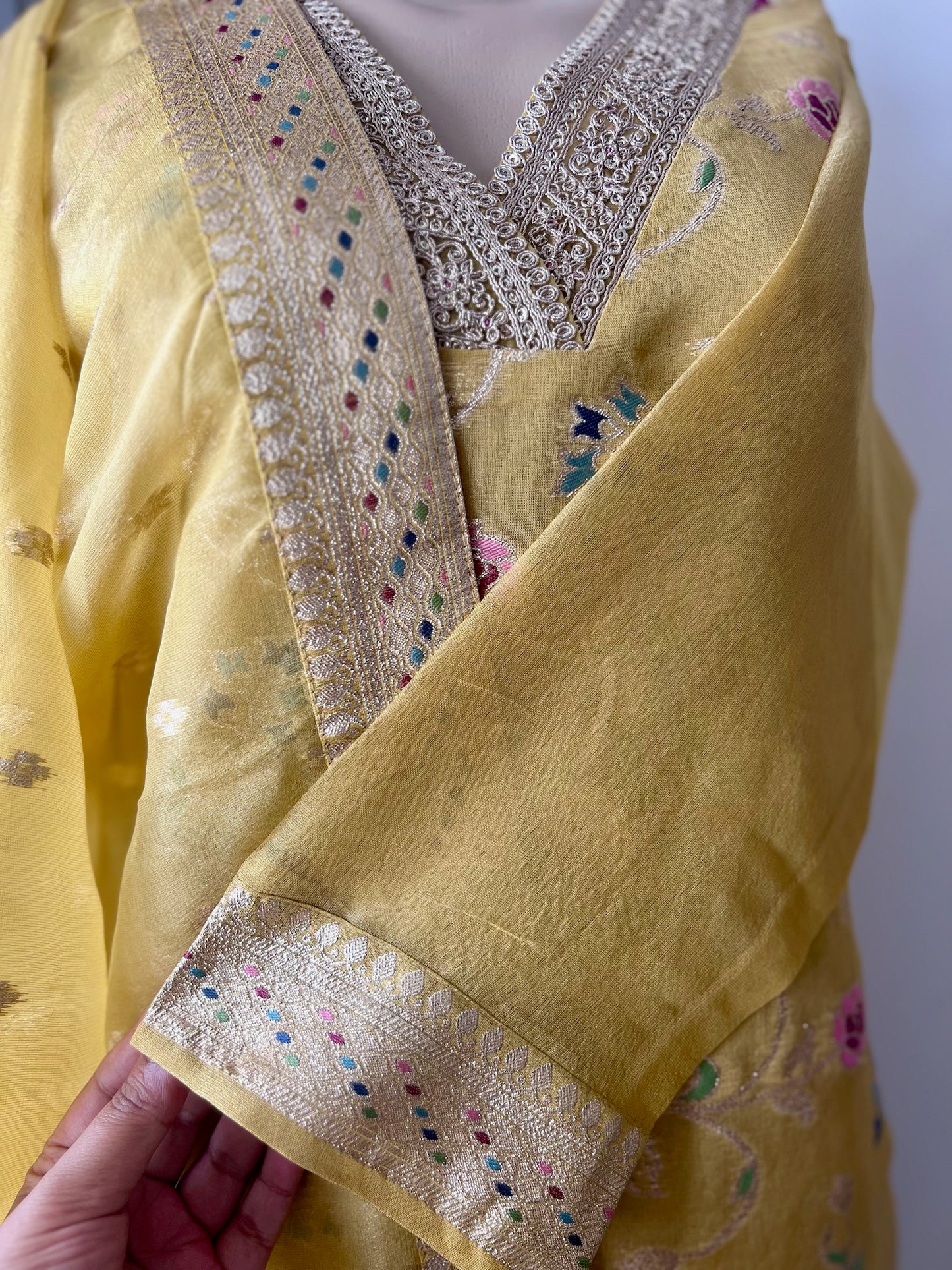 Golden Yellow Organza Tissue 3-Piece Festive Wear Suit with Intricate Self-Weave and Banarasi Border
