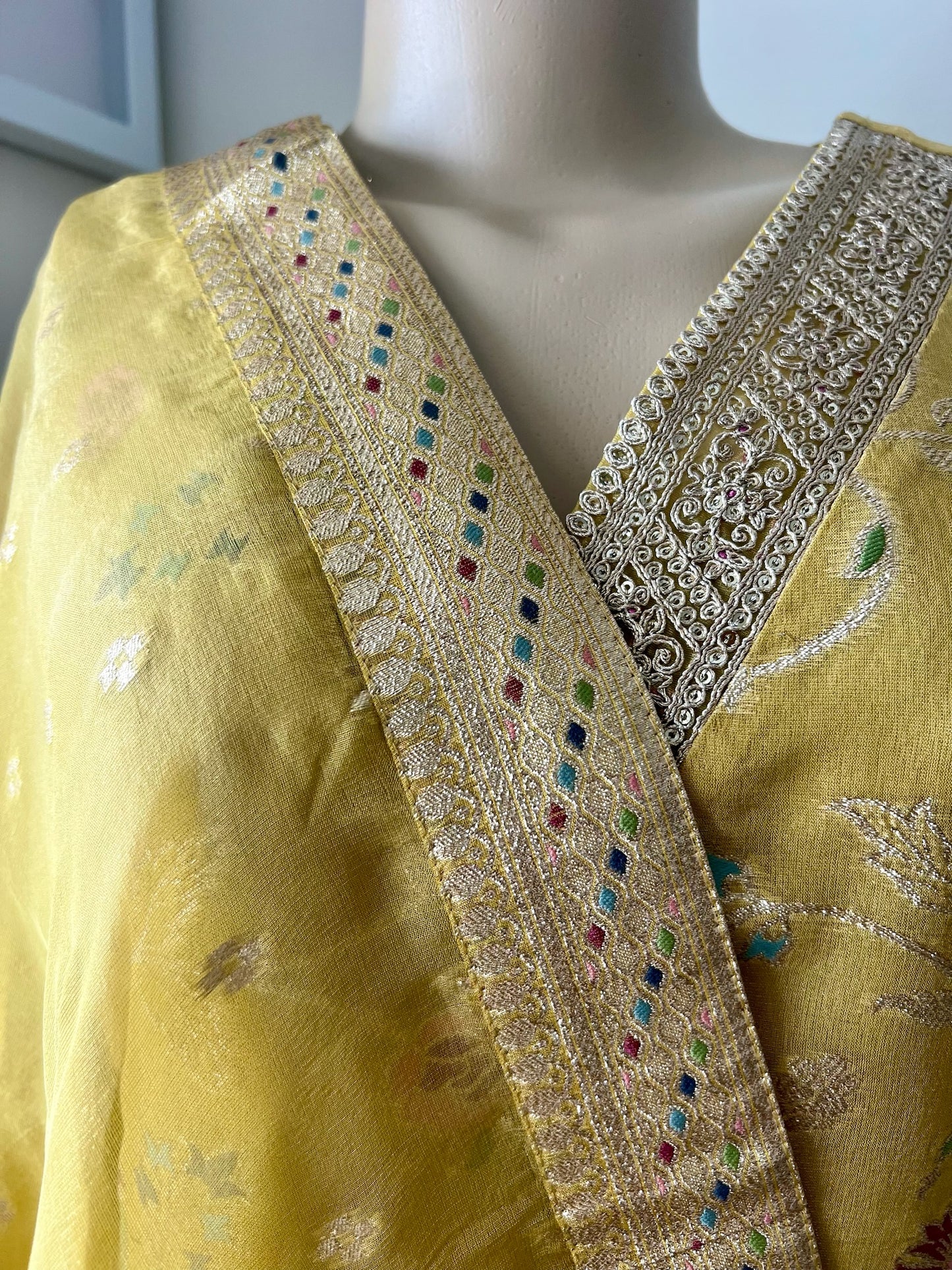 Golden Yellow Organza Tissue 3-Piece Festive Wear Suit with Intricate Self-Weave and Banarasi Border