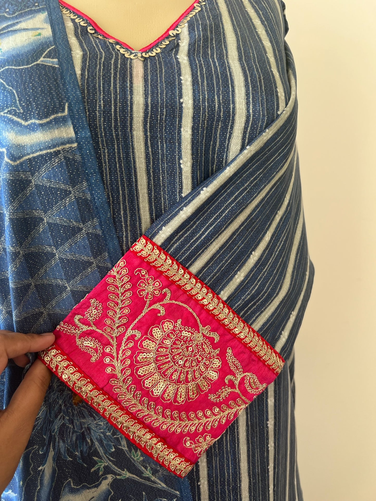 Royal Blue Shimmer 3-Piece Kurta Set with Pink and Gold Embroidered Cuffs & Printed Dupatta