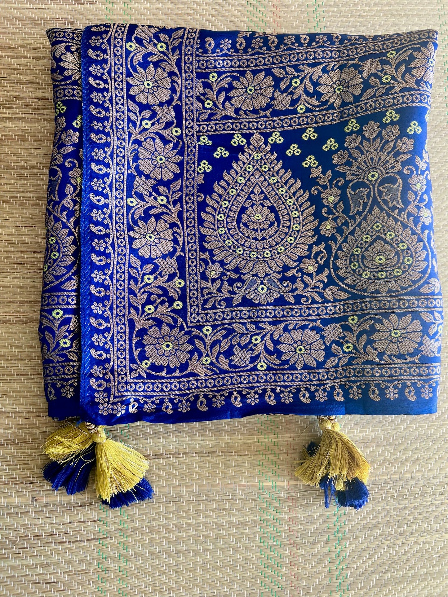 Green and Blue Silk Blend 3-Piece Festive Wear with Gold Weave Motifs