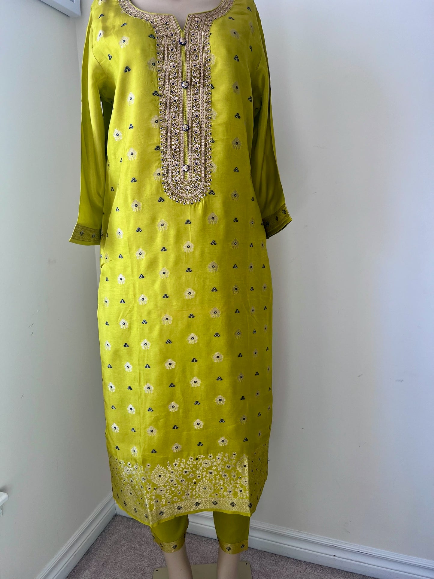 Green and Blue Silk Blend 3-Piece Festive Wear with Gold Weave Motifs