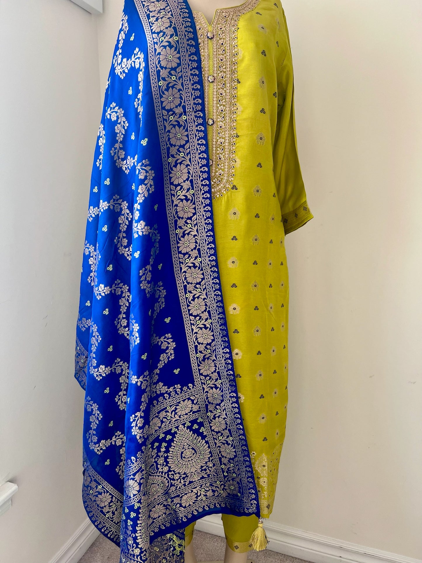 Green and Blue Silk Blend 3-Piece Festive Wear with Gold Weave Motifs