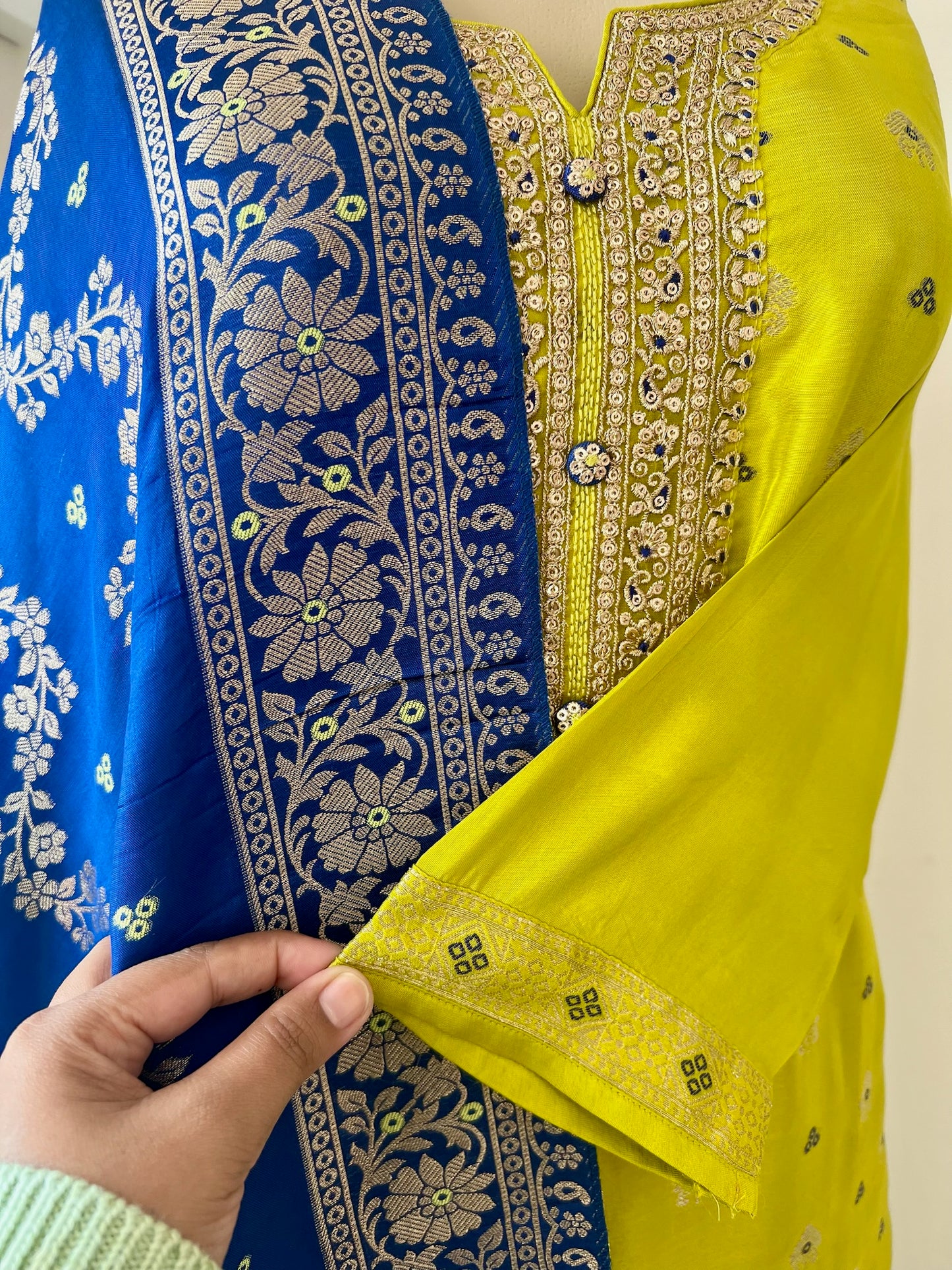 Green and Blue Silk Blend 3-Piece Festive Wear with Gold Weave Motifs