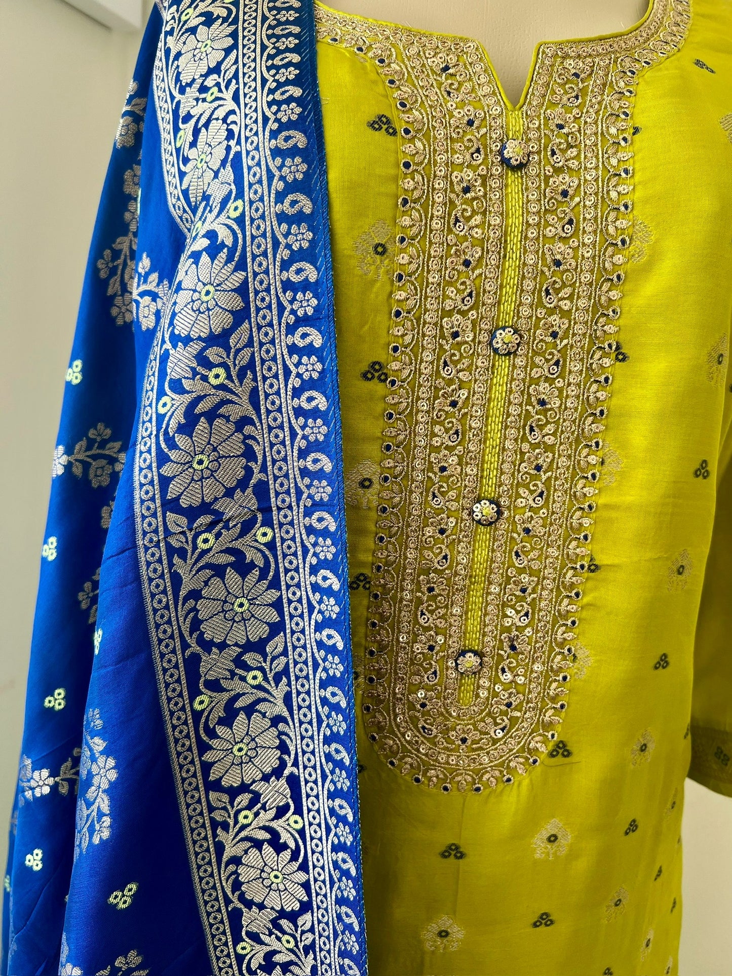 Green and Blue Silk Blend 3-Piece Festive Wear with Gold Weave Motifs