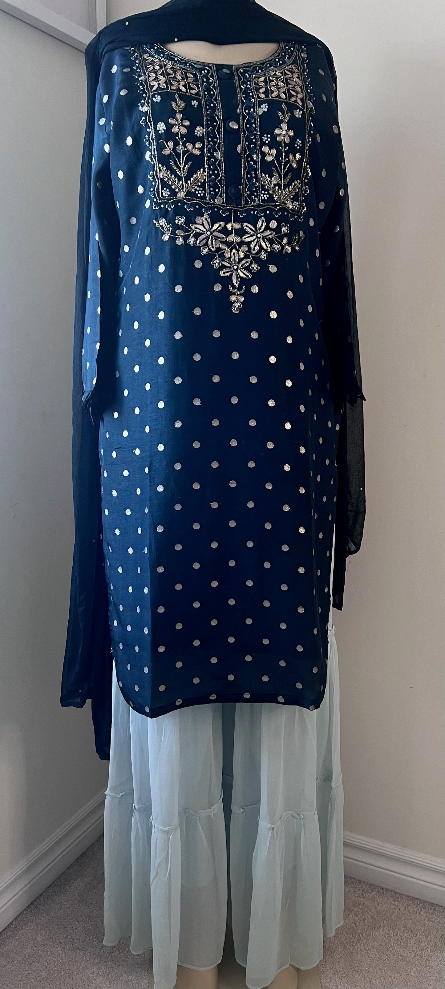 Midnight Blue Silk Blend Kurta Set (3 piece set) with Gold Weave & Zardosi Work and Grey-Blue Sharara. This product is available in 3XL too .